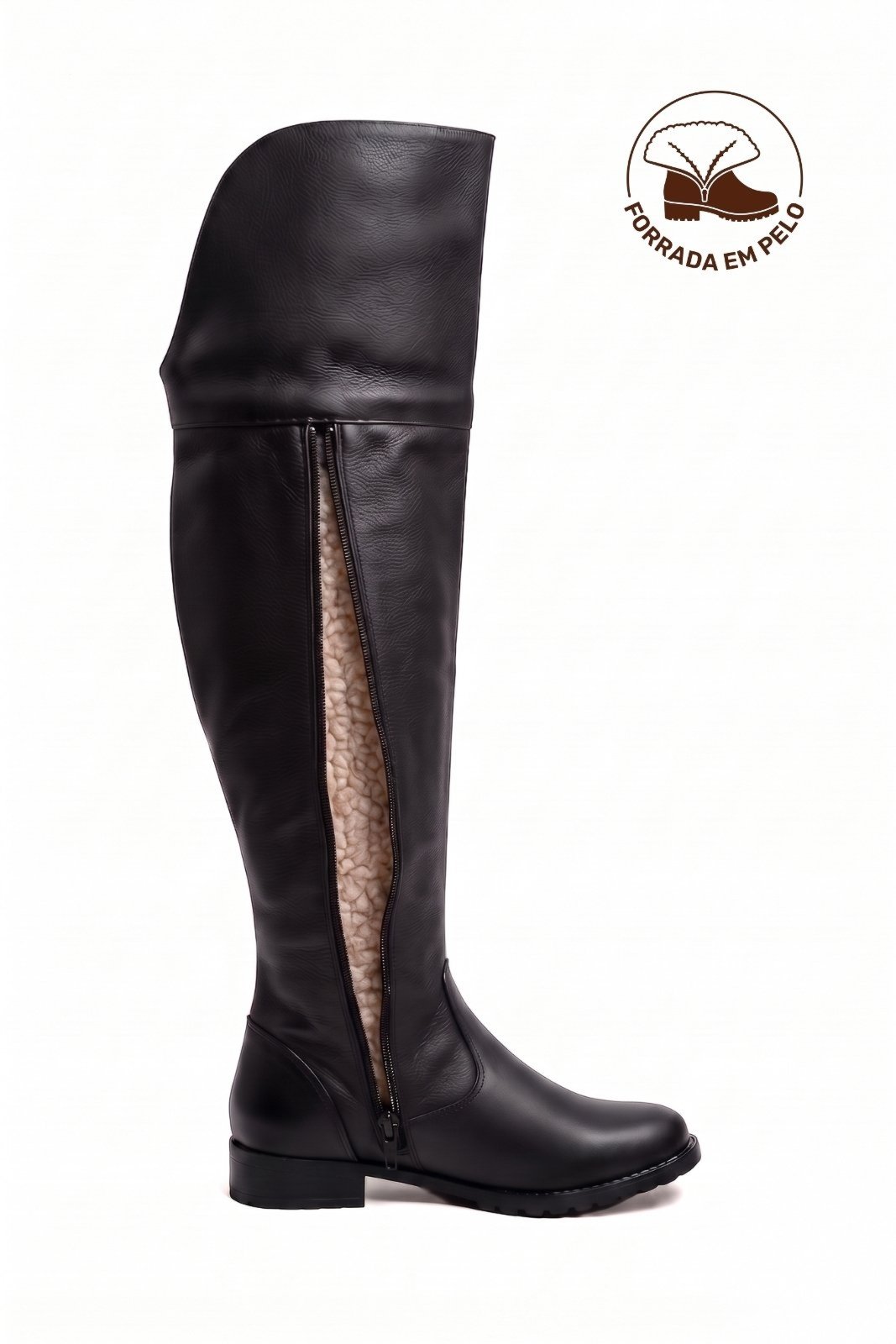 Bota de couro over cano longo feminina com pelo 7514P - Preto