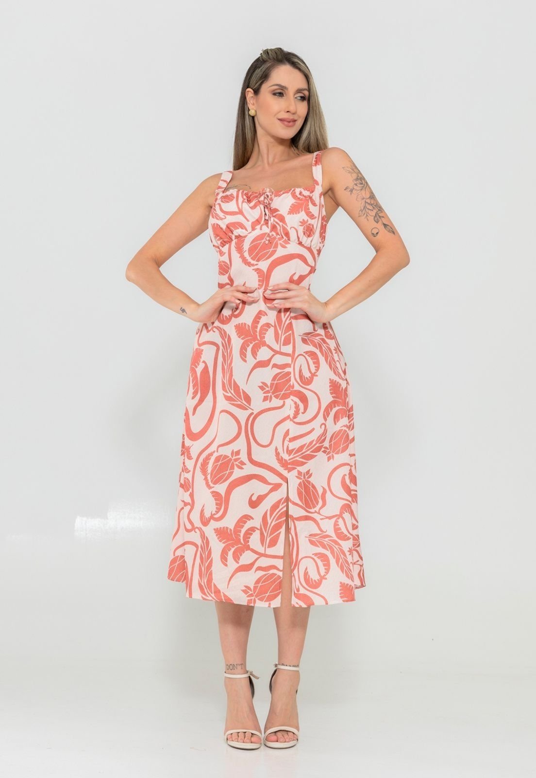 Vestido Longo Estampado Marina Detalhes Unicos e Tecido Leve e Comfortavel Com Alca Larga Elegancy -Vermelho