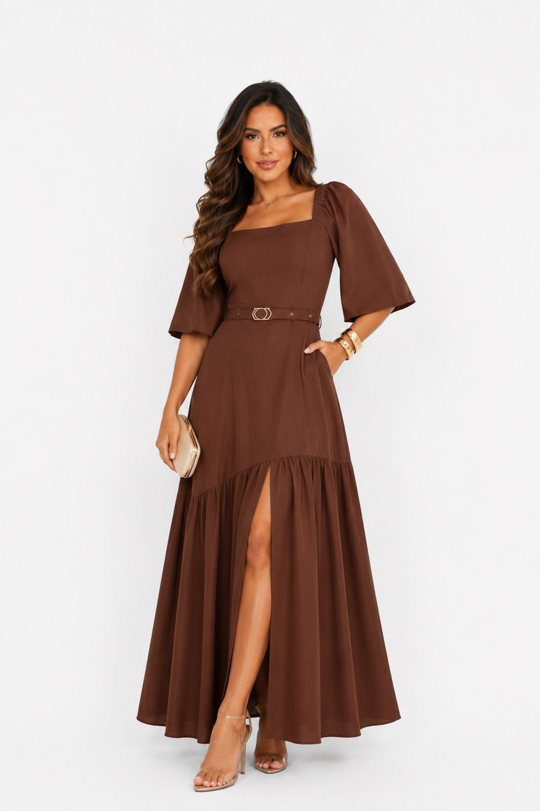 Vestido Longo Feminino D Bell Outlet Fashion Marrom