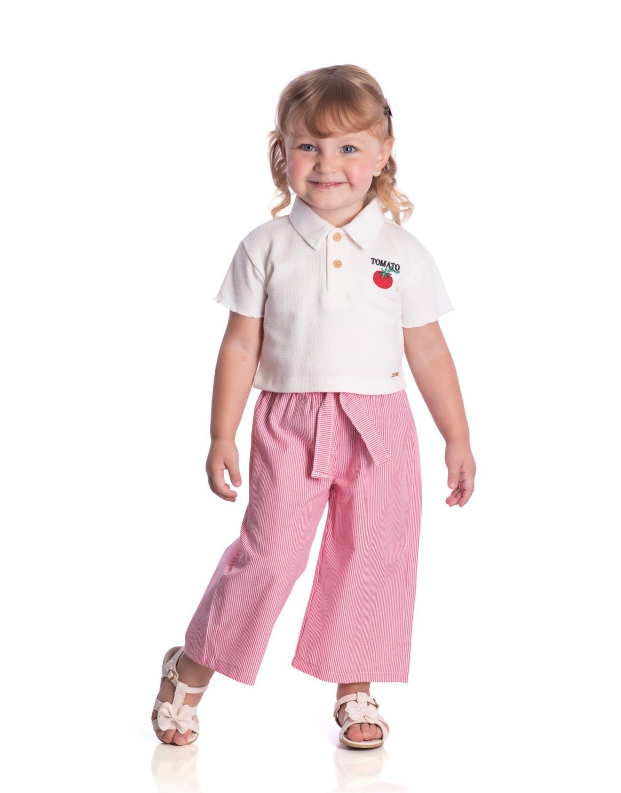Infantil - Conjunto blusa polo malha texturizada off-white e calça tecido listrada vermelha