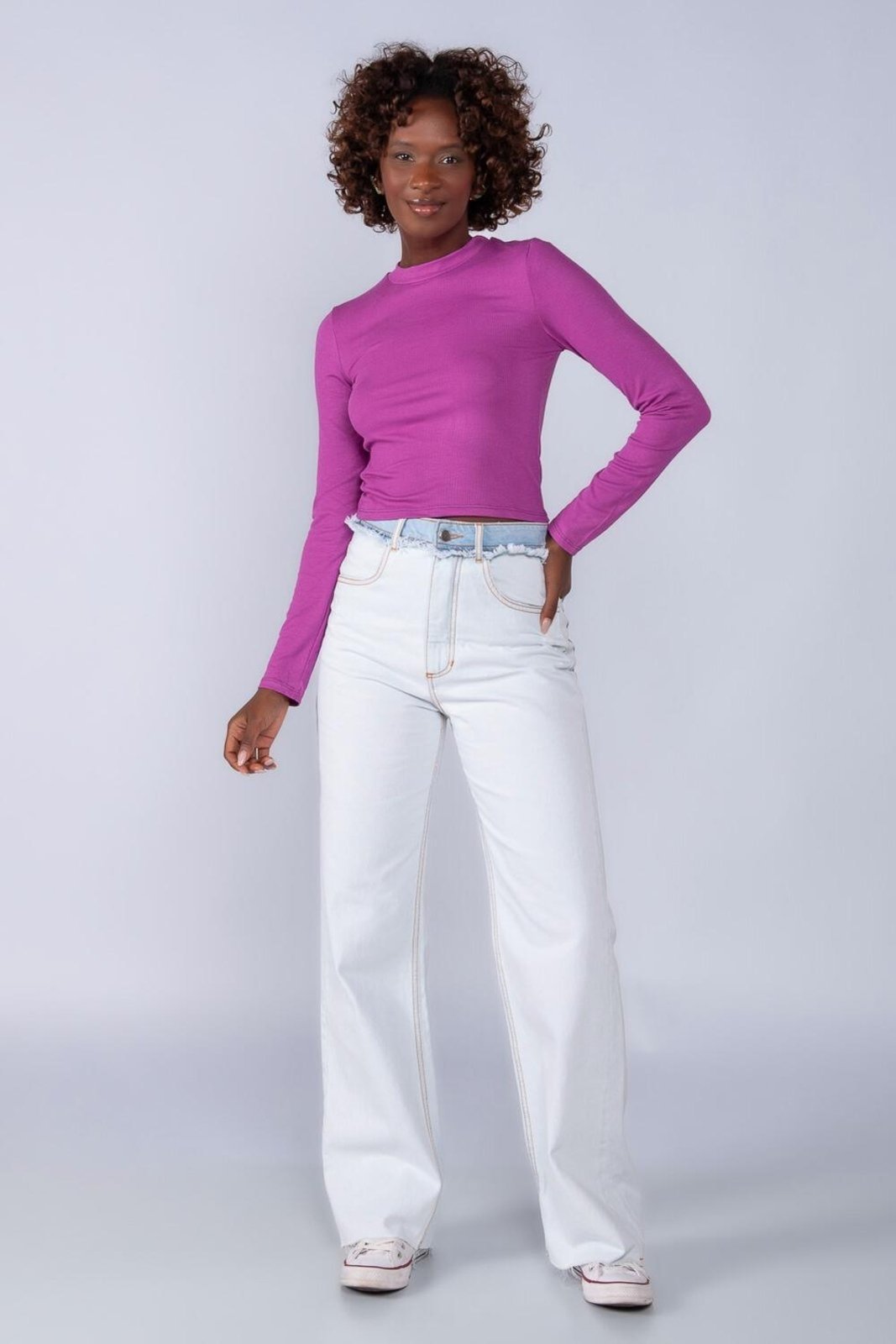 Blusa basica em viscose manga longa canelada Roxo
