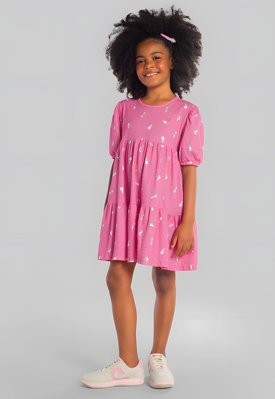 Infantil - Vestido Brandili Estampado Manga Bufante Rosa