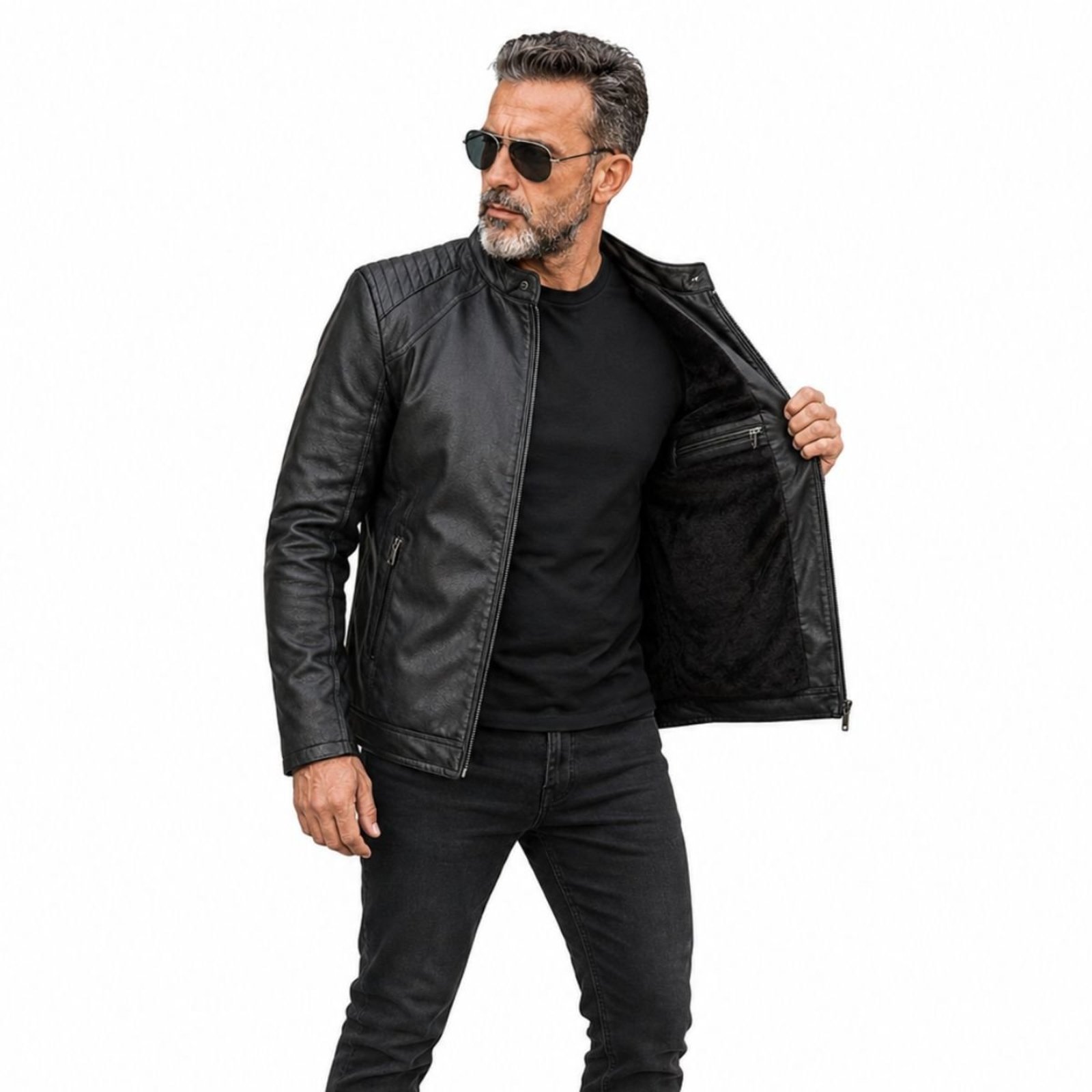 Jaqueta PU Masculina Casual Moderna Com Bolso Interno Preto