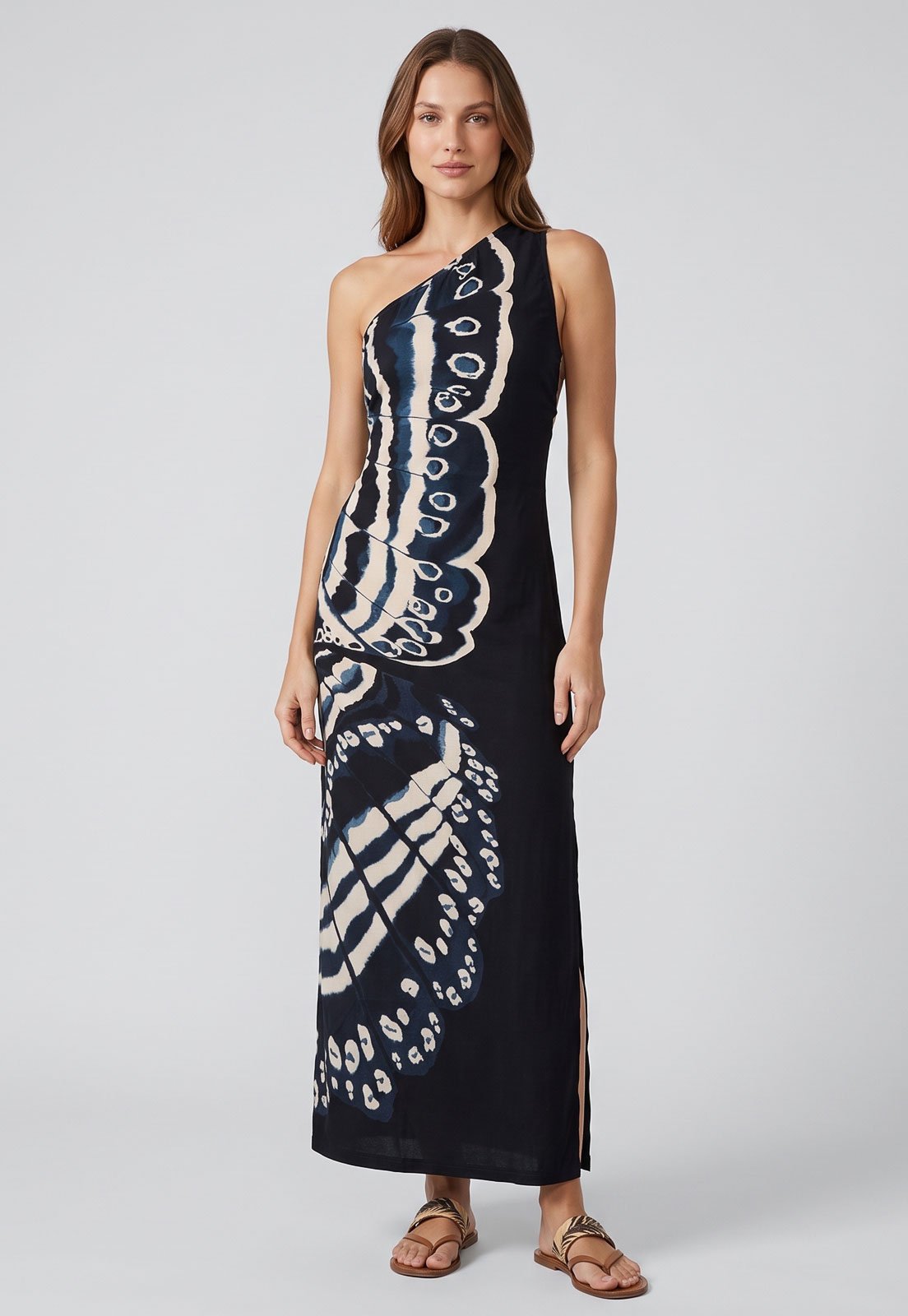 Vestido Feminino FARM Longo Assimétrico Estampado Azul