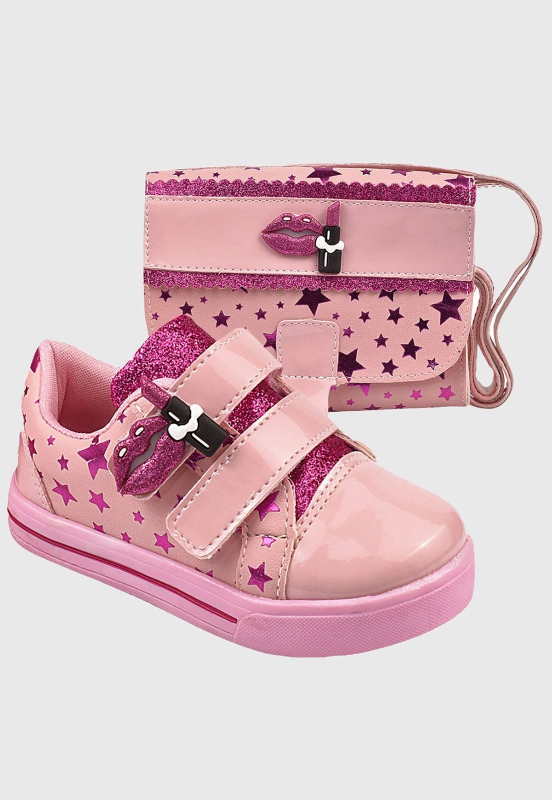 Infantil – Kit Tênis Estrelas com Bolsa Rosa Feminino Escolar tep