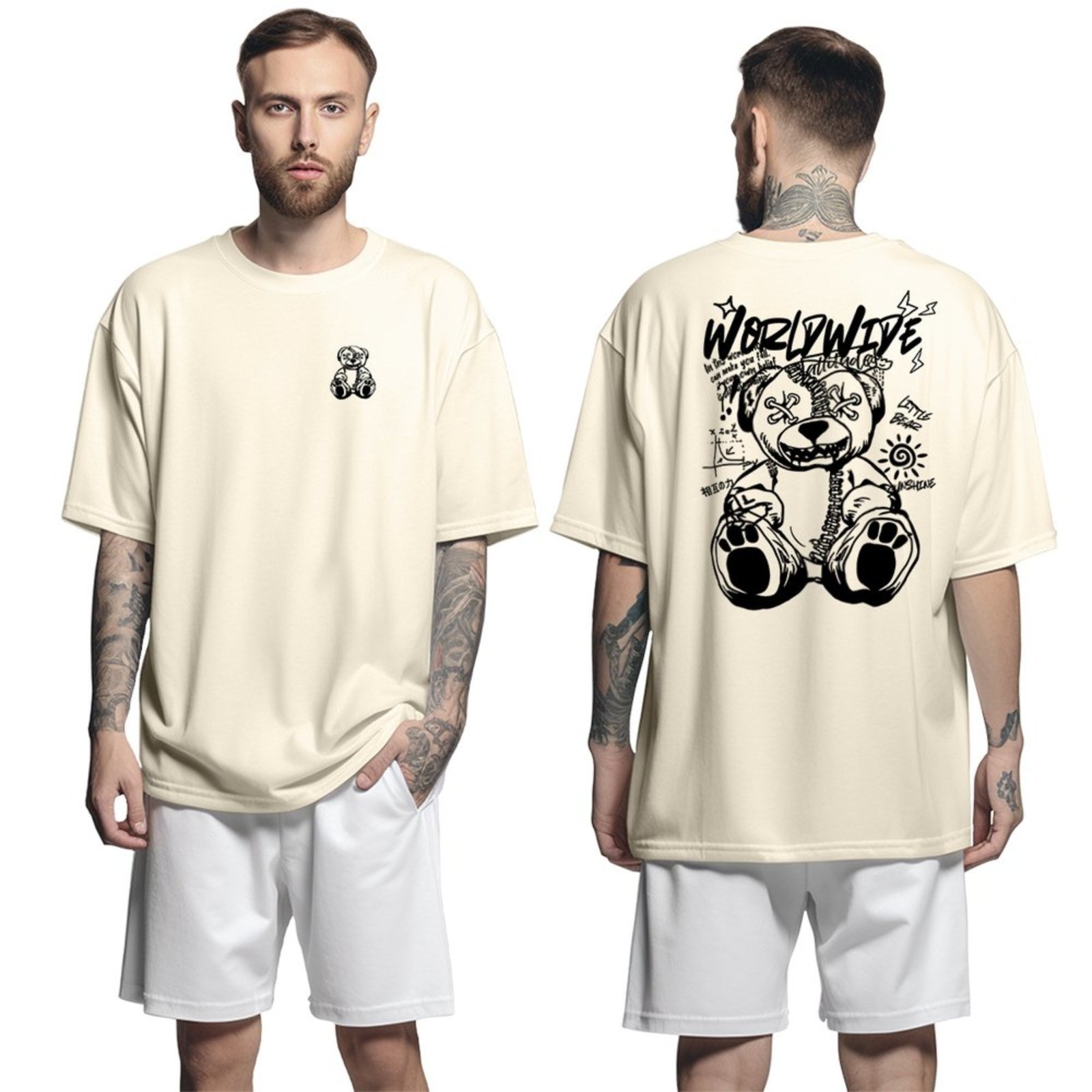 Camiseta Oversized Streetwear Genuine Grit Masculina Larga 100% Algodão 30.1 World Wide – Bege – P