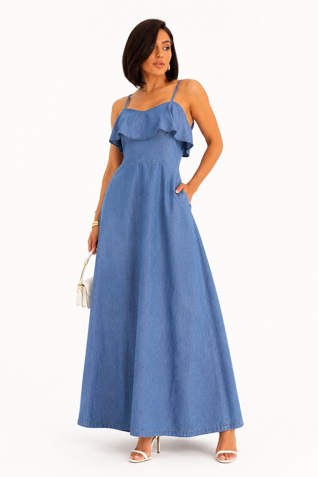 Vestido Alcinha Longo D Bell Outlet Com Babado Jeans