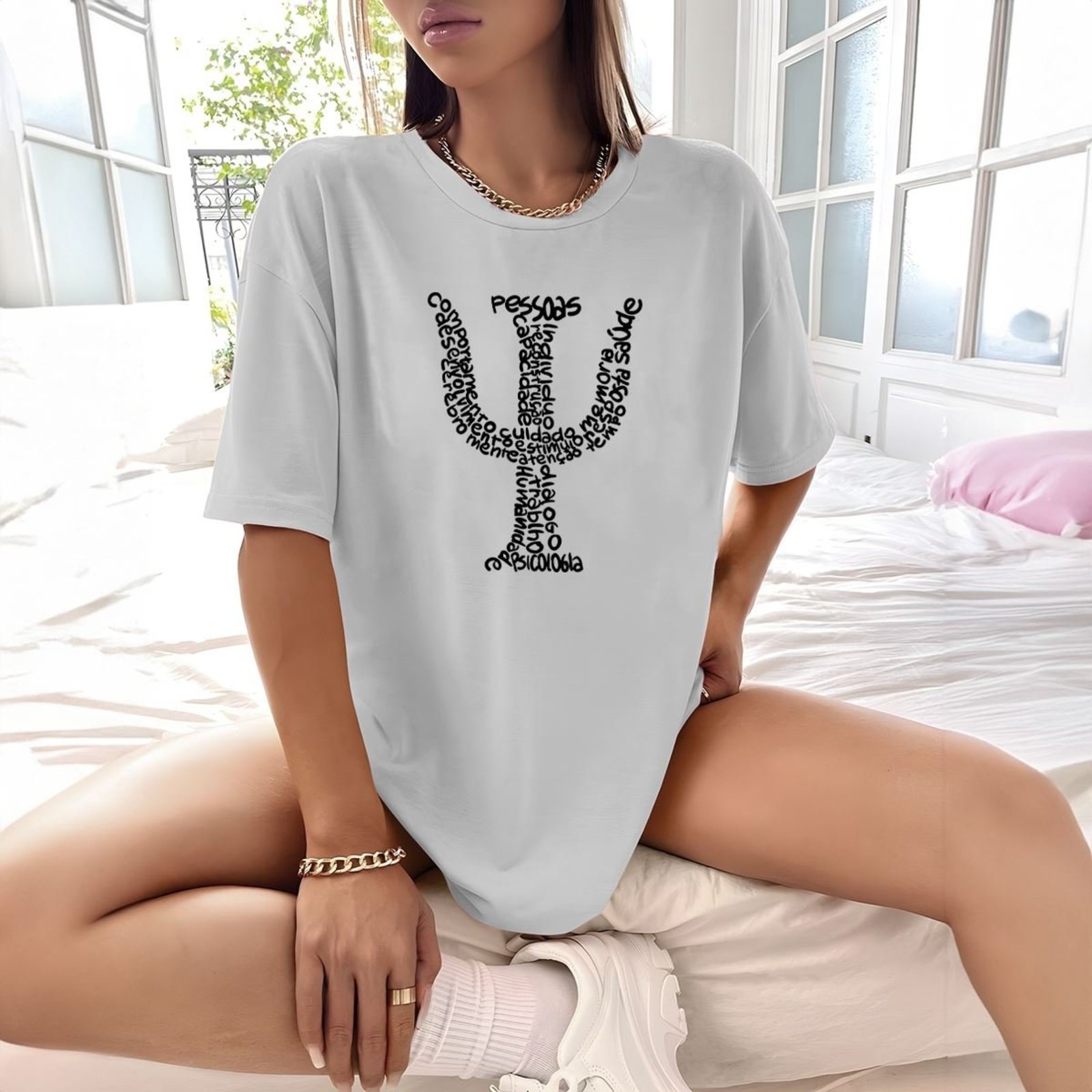 Camisa Camiseta Feminina Estampada Simbolo Psicologia 100% Algodão Fio 30.1 Penteado – Cinza