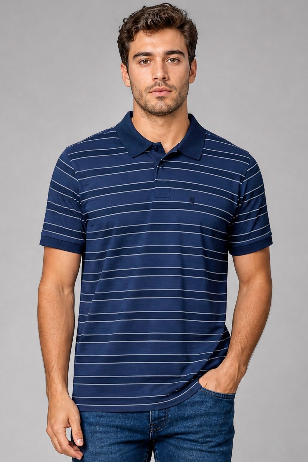 Polo Piquet Masculina Listrada Polo Wear Azul Escuro