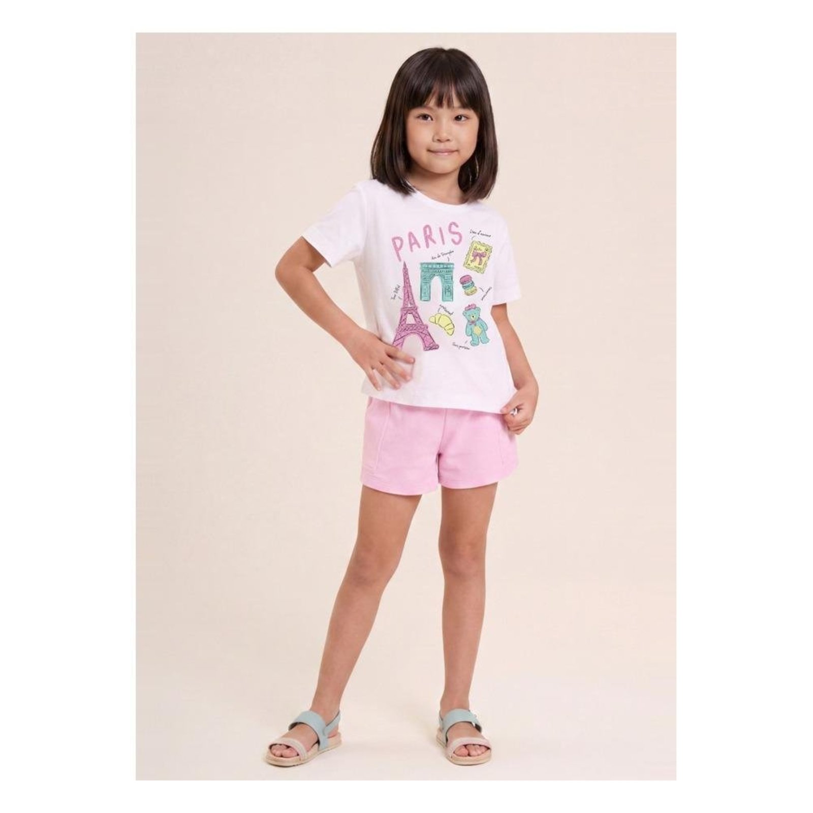 Infantil - Conjunto Feminino Camiseta Paris Shorts Brandili Branco Rosa 10 Rosa