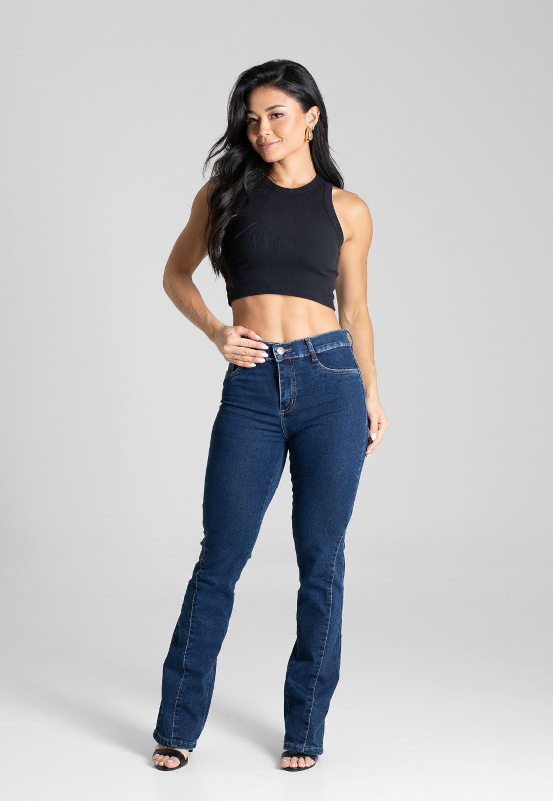 Calça Jeans Feminina Sawary Flare Cintura Alta Azul Escuro