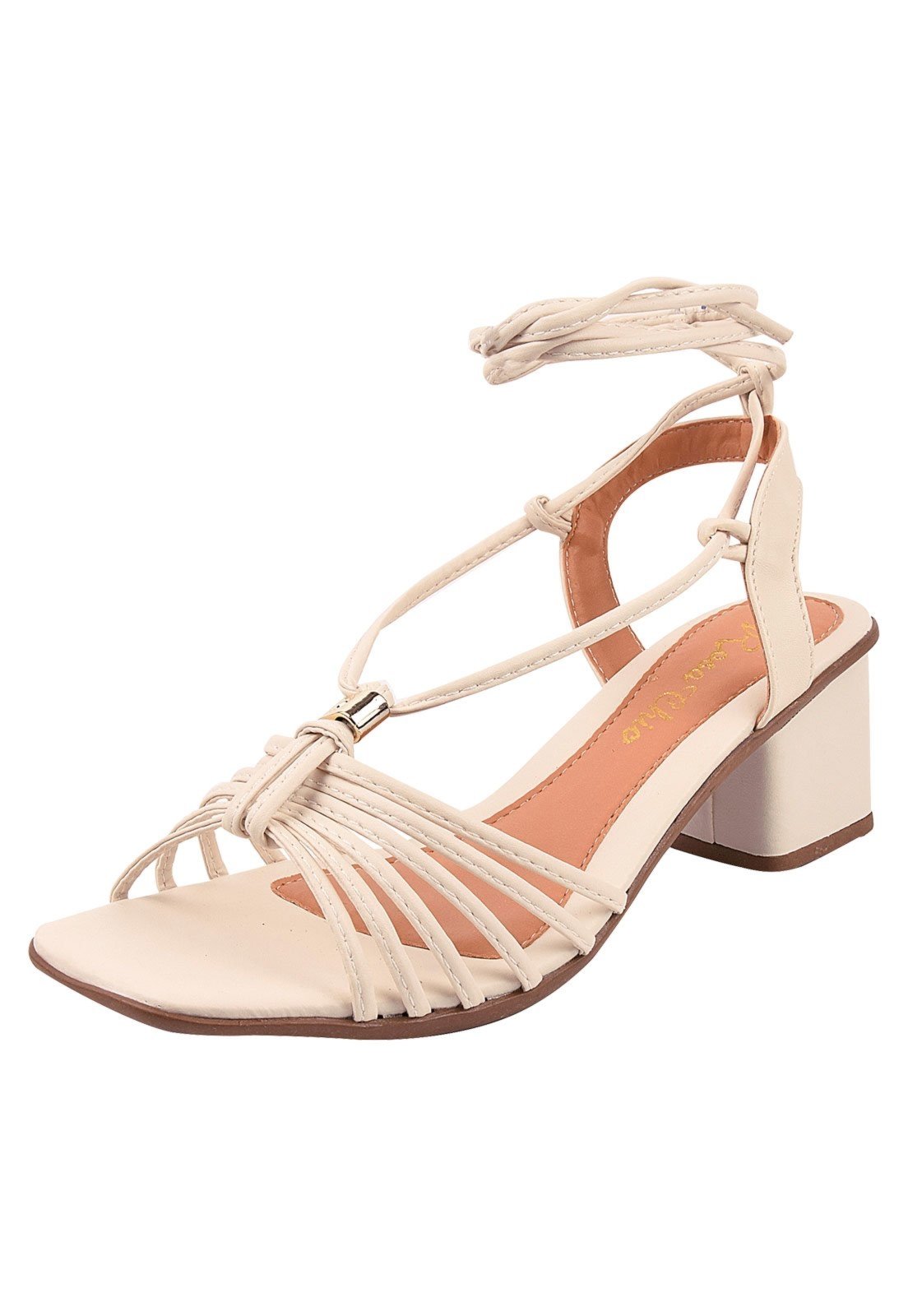 Sandália Salto Grosso Rosa Chic Calçados Feminino Salto Baixo Bloco Amarração Bico Quadrado Branco