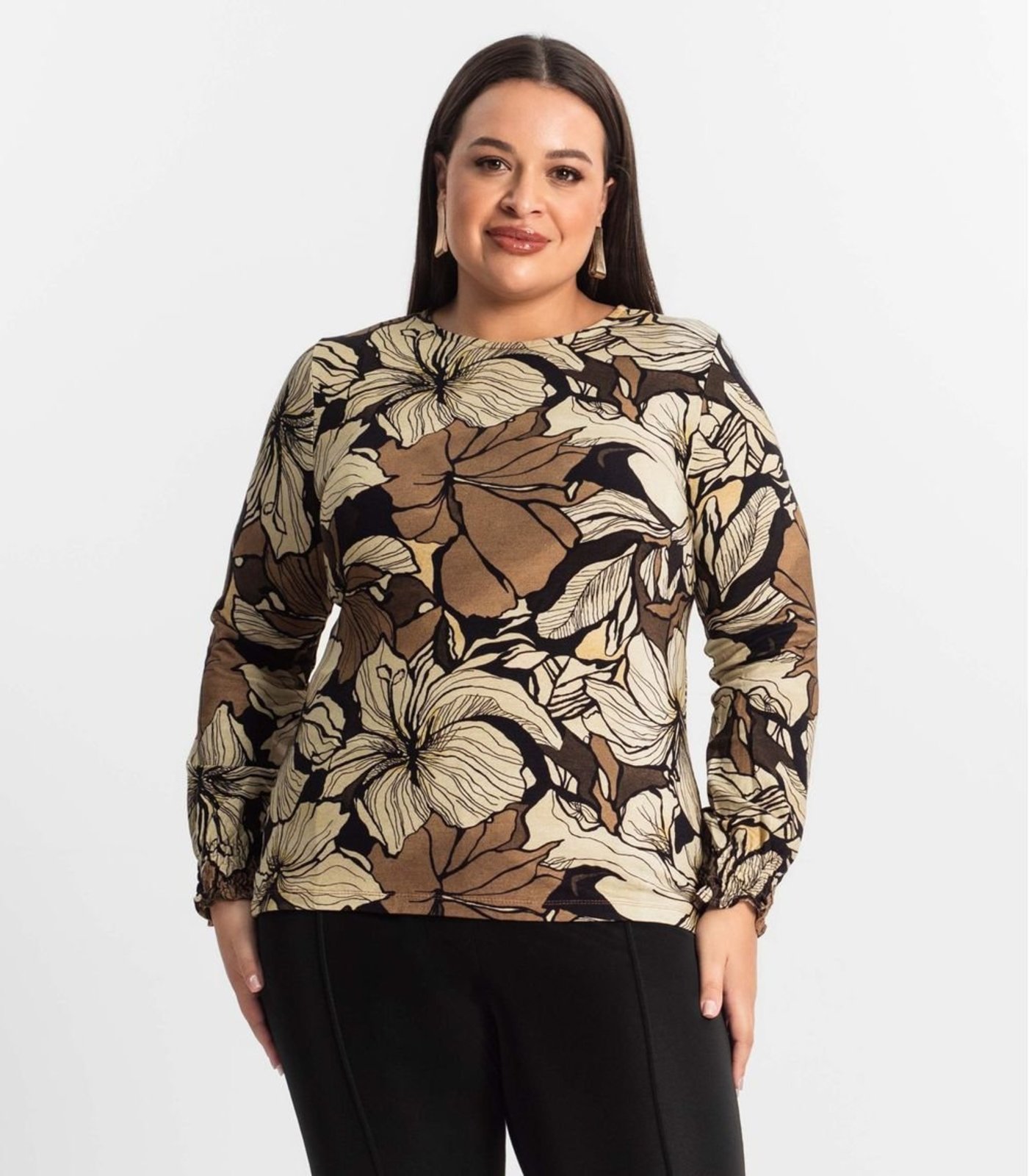 Blusa Plus Size Manga Longa Feminina Secret Glam Marrom
