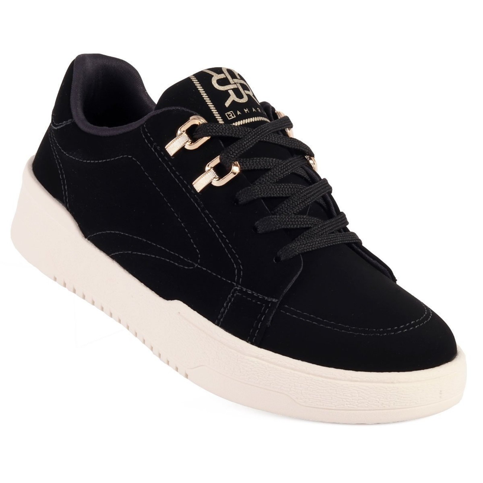 Tênis Feminino Ramarim Casual Preto em Nobuck com Detalhes Dourados