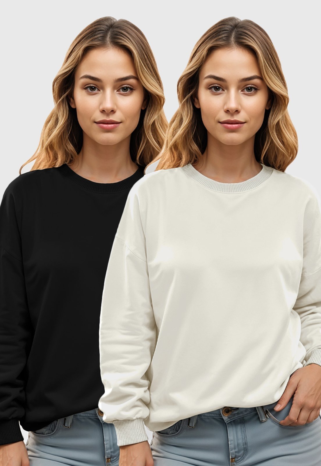 Kit 2 Moletom Gola Redonda Feminino Flanelado Benellys Liso Off White com Preto