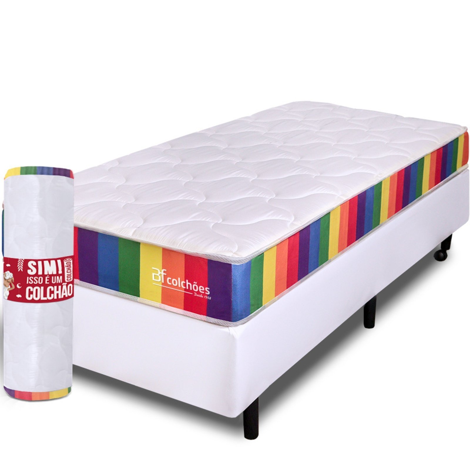 Cama Box com Colchão Solteiro D33 a Vácuo Ortopédico Rainbow 78x188cm BF Colchões