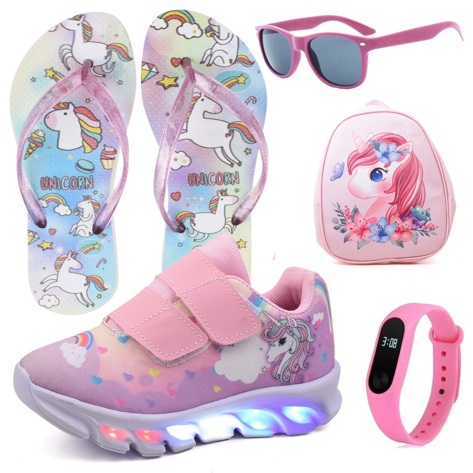 Infantil – Tênis Feminino de Led Unicornio Menina Rosa Tira Colante com Mochila Chinelo Óculos e Relógio