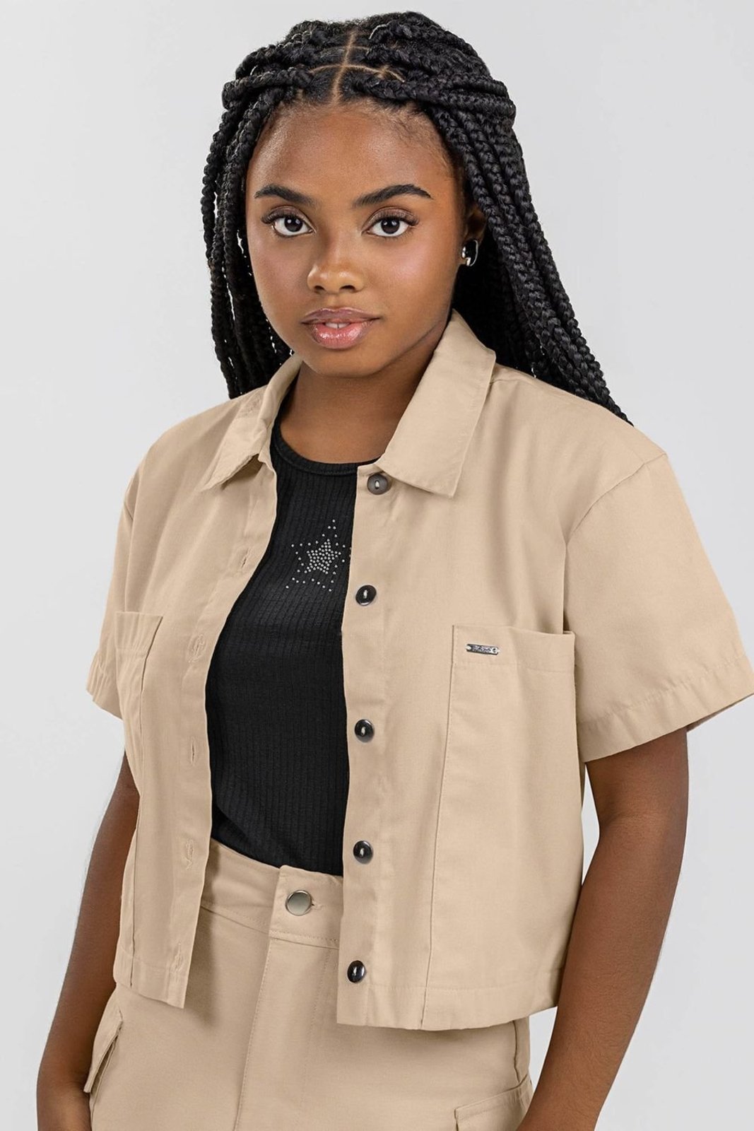 Infantil - Camisa Cropped Juvenil Meninas em Sarja Beats Bege