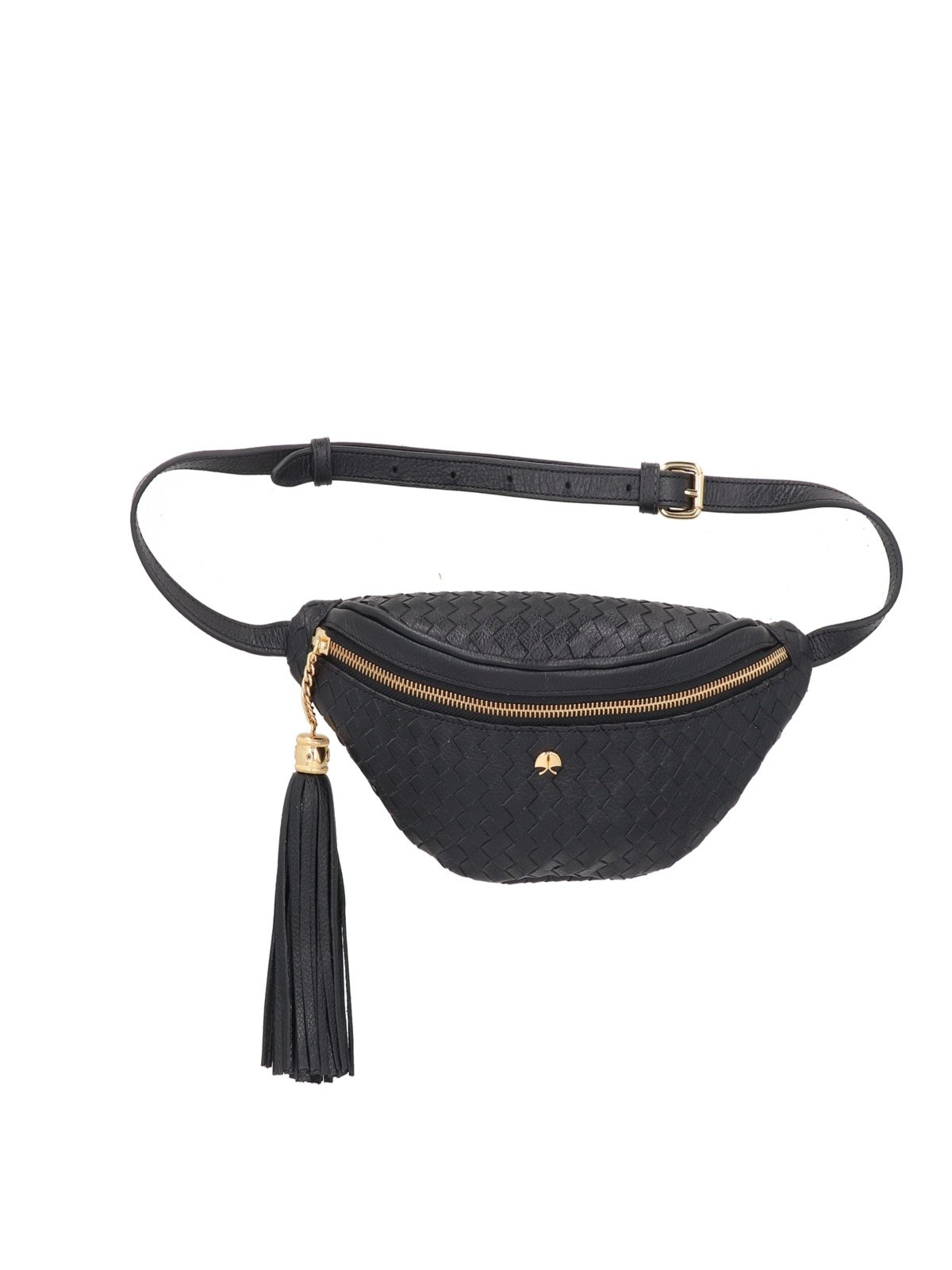 BOLSA PEQUENA EM COURO PRETO TRESSÊ COM FRANJA