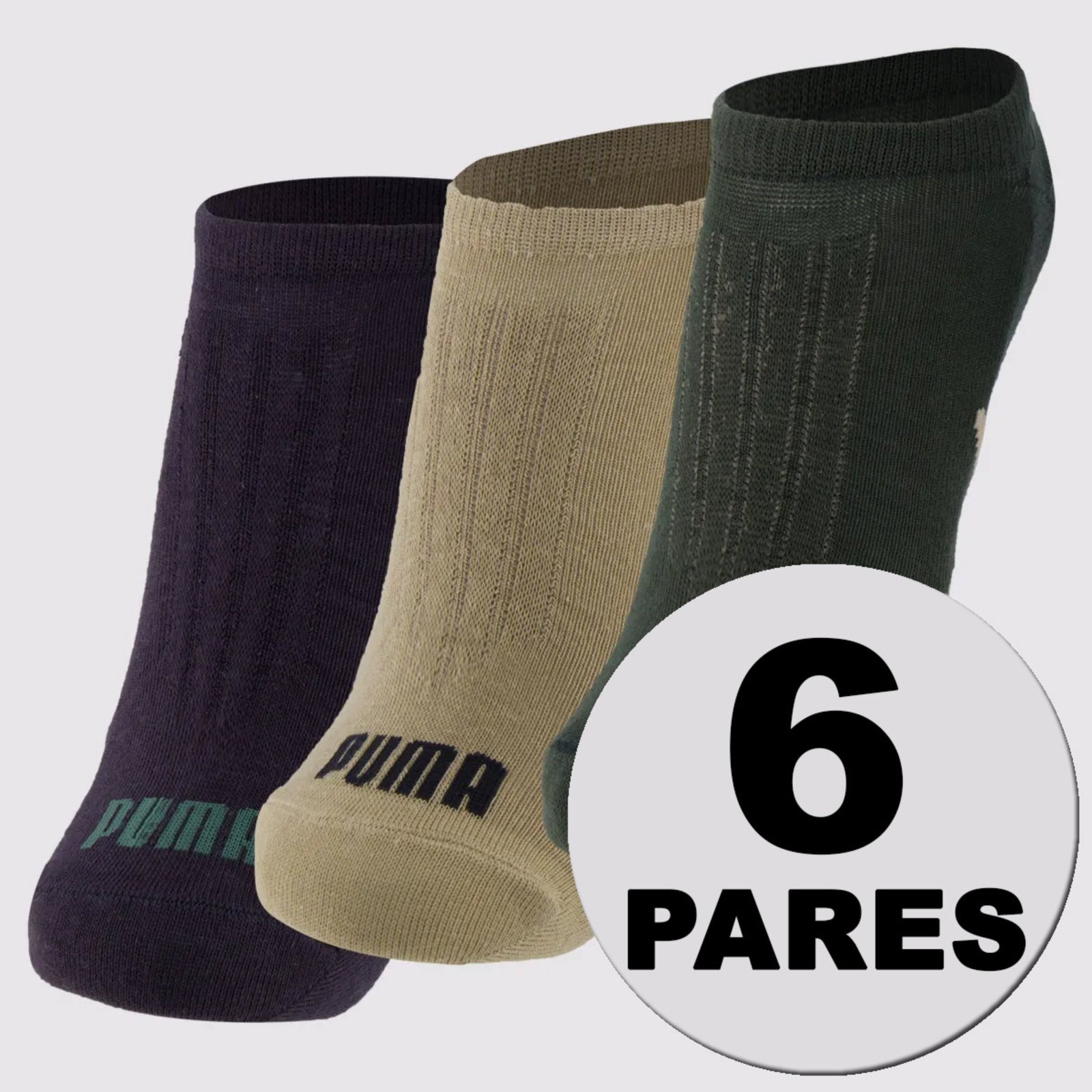 Vista 2 Kit Meia Puma Sapatilha Invisível 6 Pares e Grafite bege verde Puma bege verde