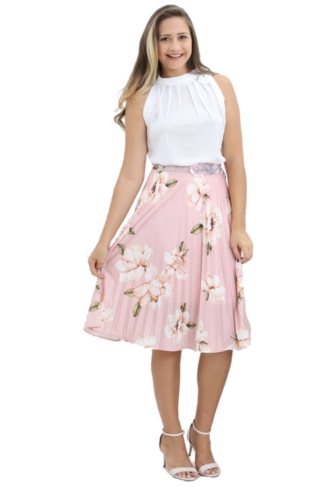 Saia Midi Plissada com Forro Urbania Médio Rosa prensada Moda Blogueira estampa floral