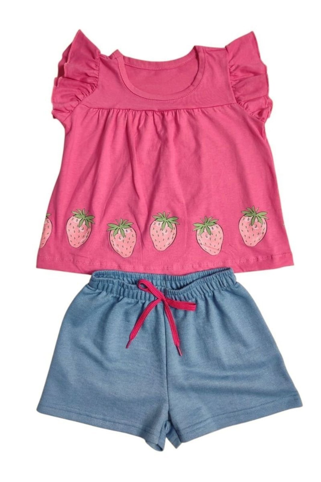 Infantil - Conjunto Menina Verão Blusa com Babados Estampa Morango e Shorts Moletinho