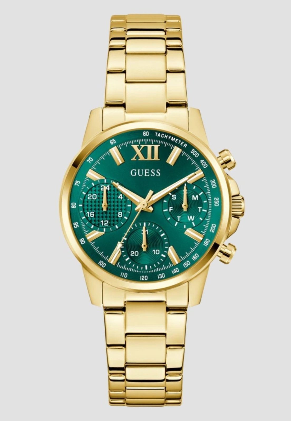 Relógio Guess Redondo Multifuncional Aço Verde Dourado