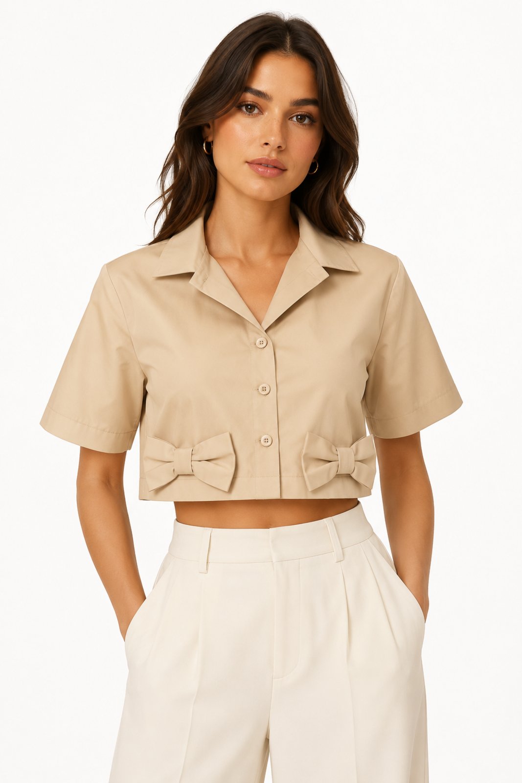 Cropped Feminino D Bell Outlet Fashion Laços Bege