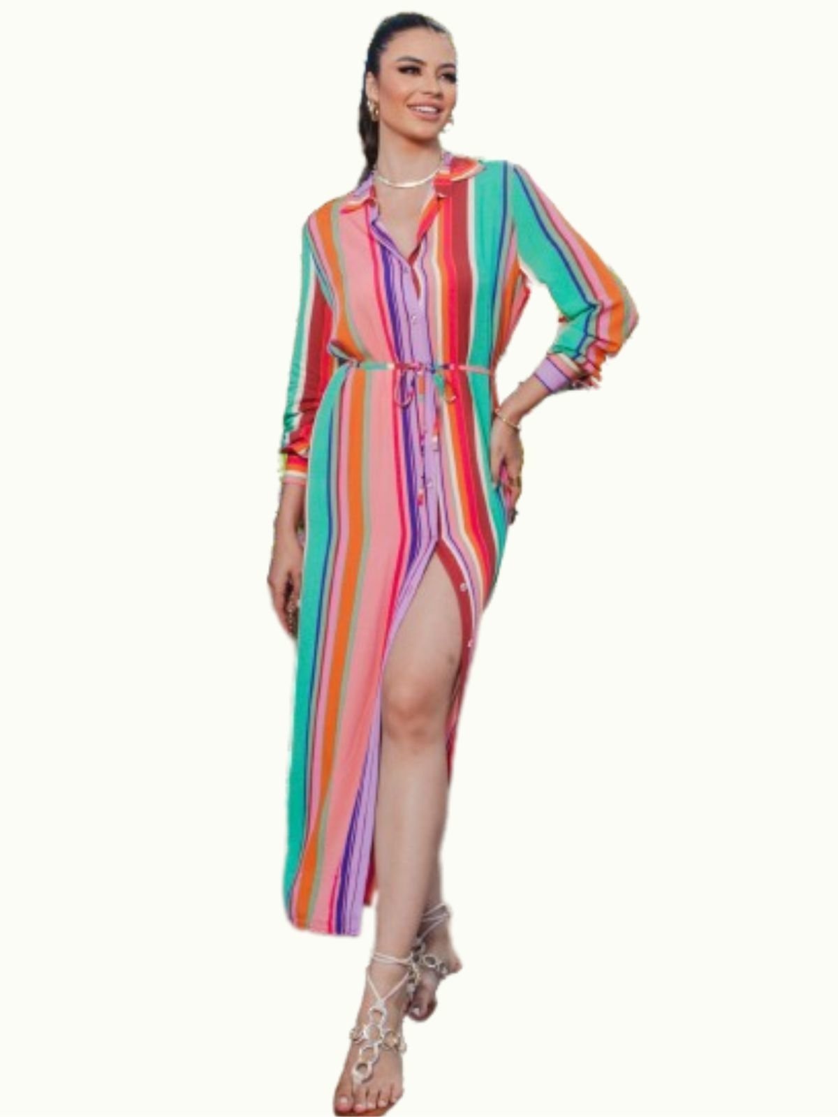 Vestido Chemise Listrado Lily Daisy LD225 Rosa Verde