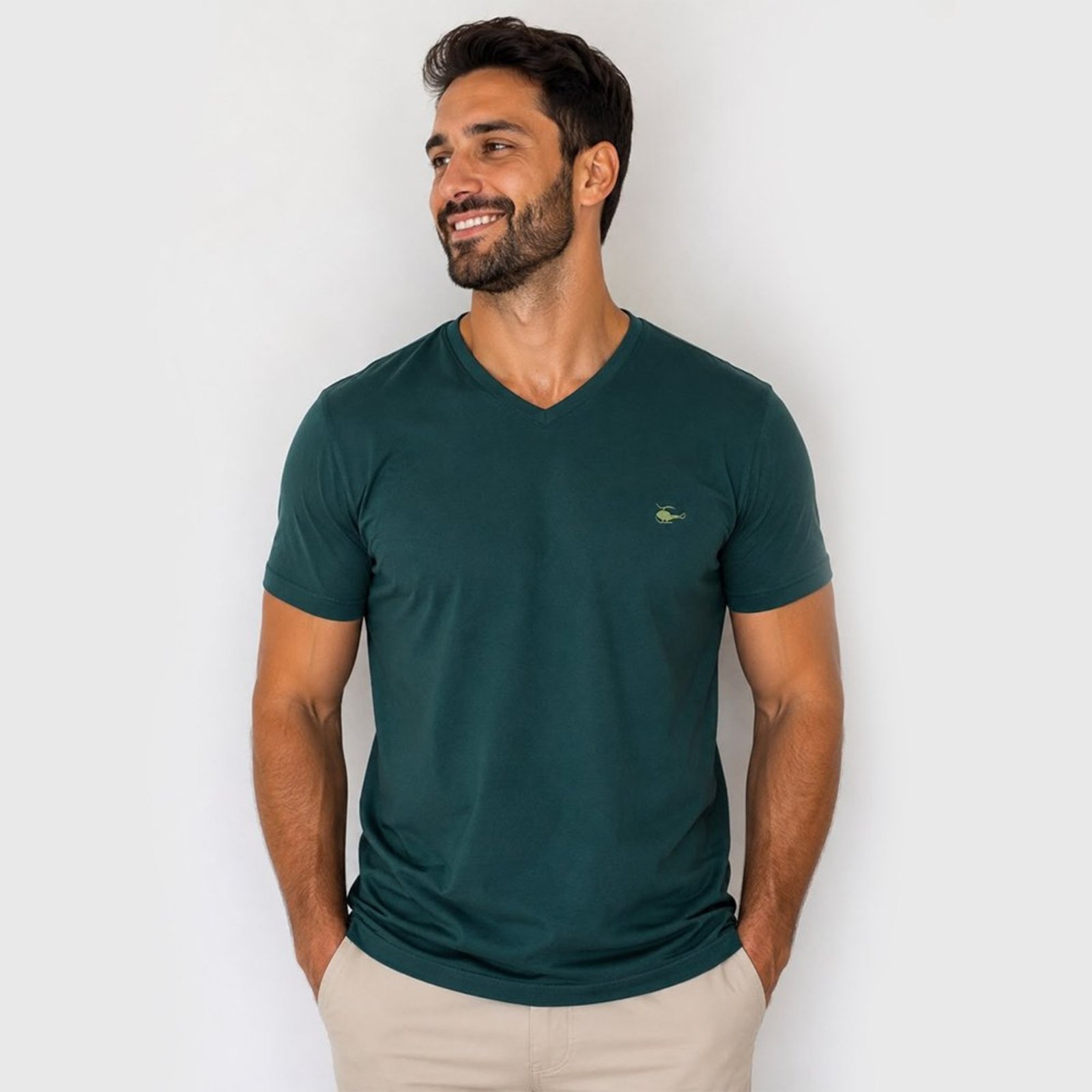 Camiseta Masculina Sallo Gola V Básica Premium Verde Escuro