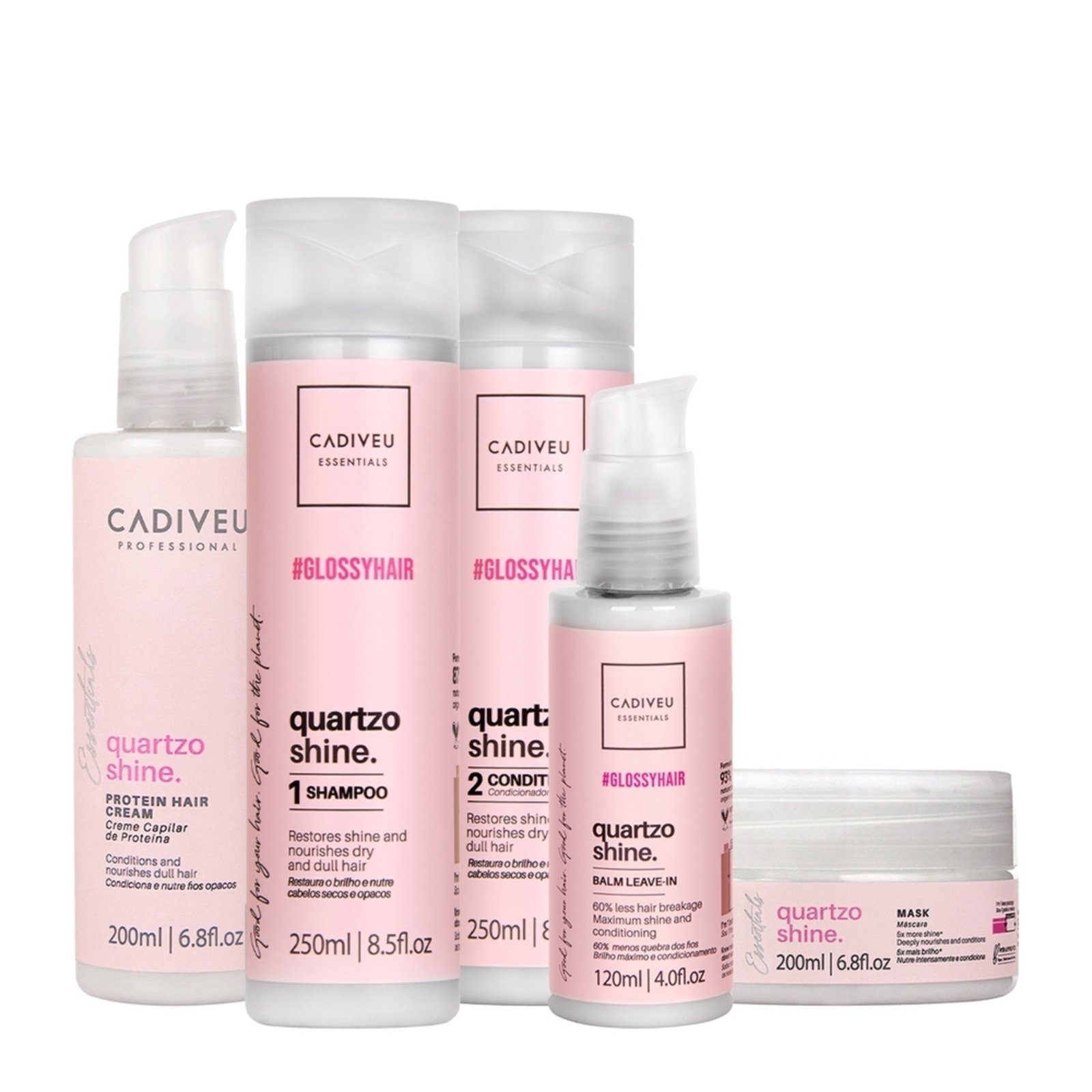 Kit Cadiveu Professional Essentials Quartzo Shine Shampoo Condicionador Máscara Pré- Shampoo e Leave-in (5 produtos)