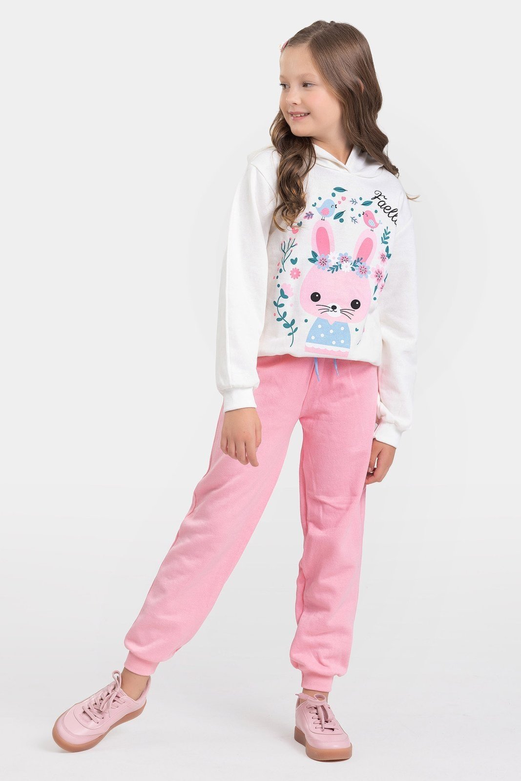 Infantil - Conjunto Moletom Peluciado Feminino Coelhinho com Flores - Off White