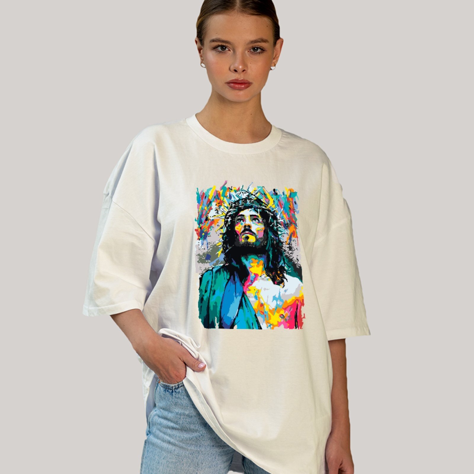 Camiseta Ousy Cristã Oversized Fé e Gratidão Unissex Off White