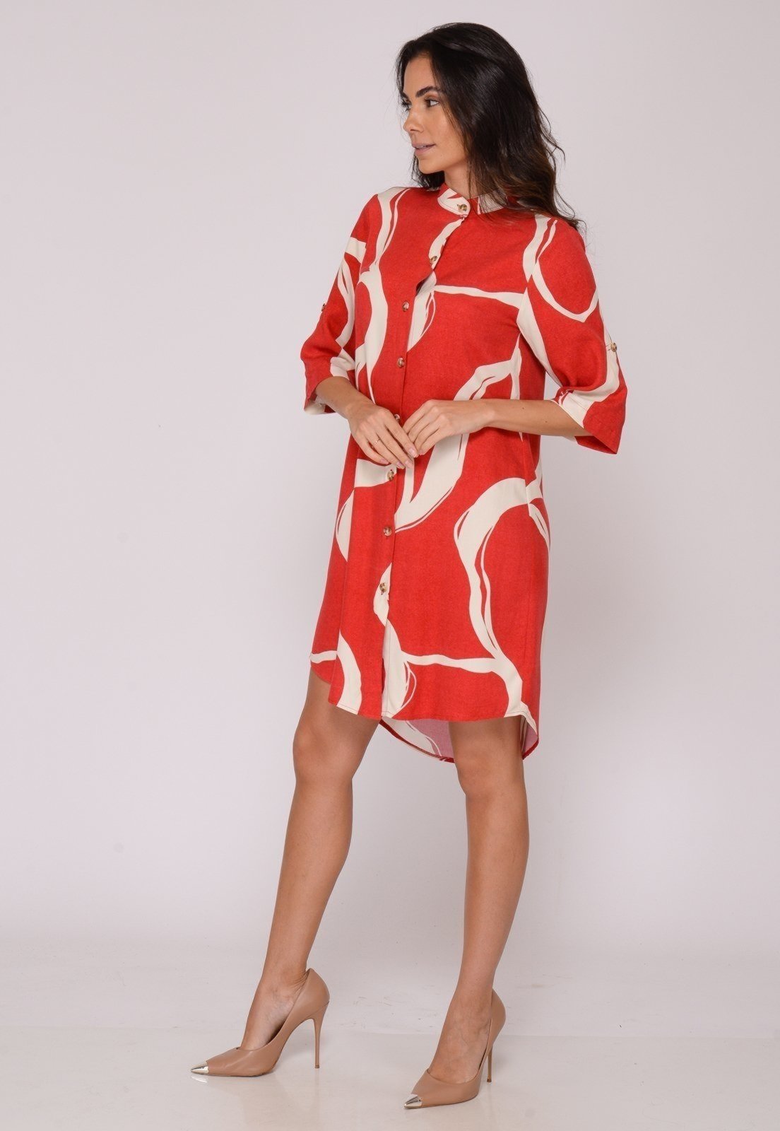 Vista 3 Vestido Chemise Botões C B’Bonnie Vitória Vermelho B'Bonnie estampado B'Bonnie estampado