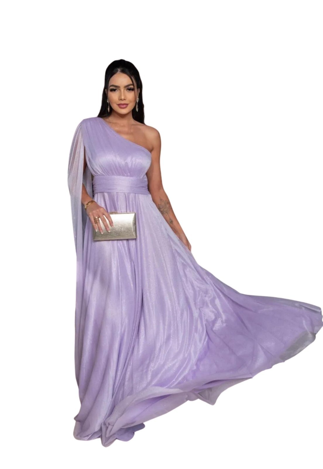 Vestido Longo de Festa Micro tule Com Brilho uma Manga Sueli Lavanda Lilás