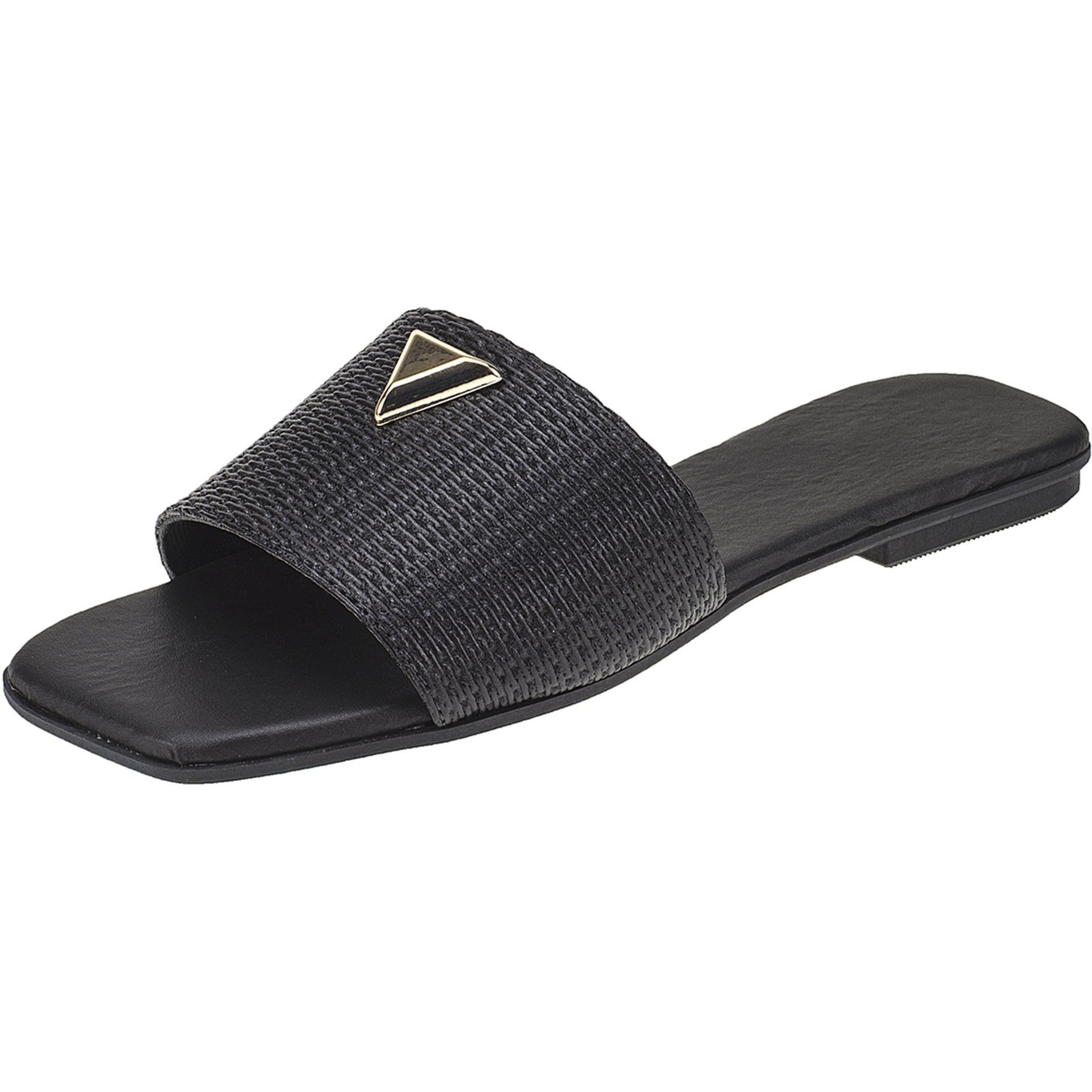 Rasteira Feminina Dourada Fashion com Detalhe de Metal Triangular Preto