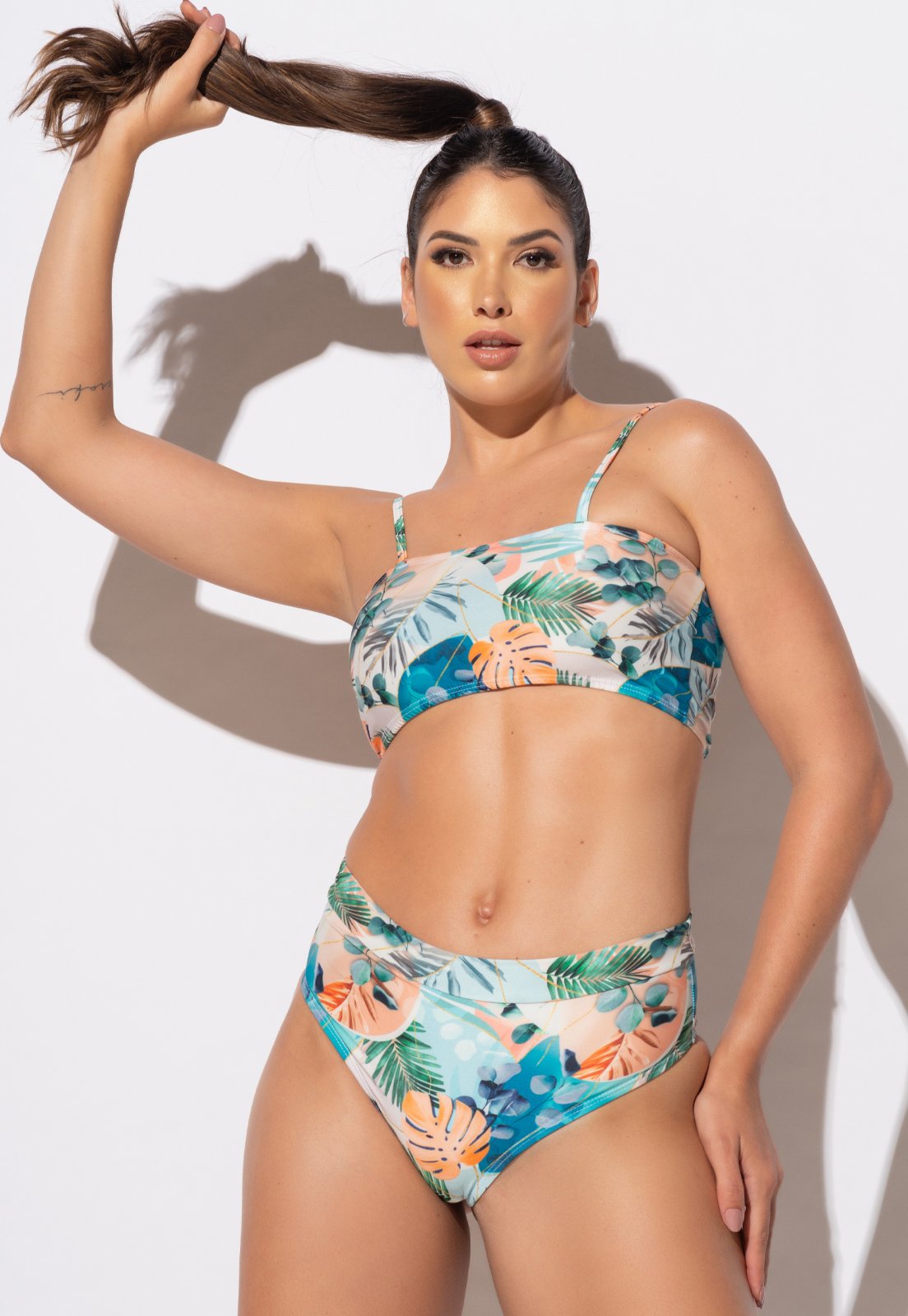 Biquíni MVB Modas Hot Pants Cintura Alta Top Faixa com Alça Maldivas