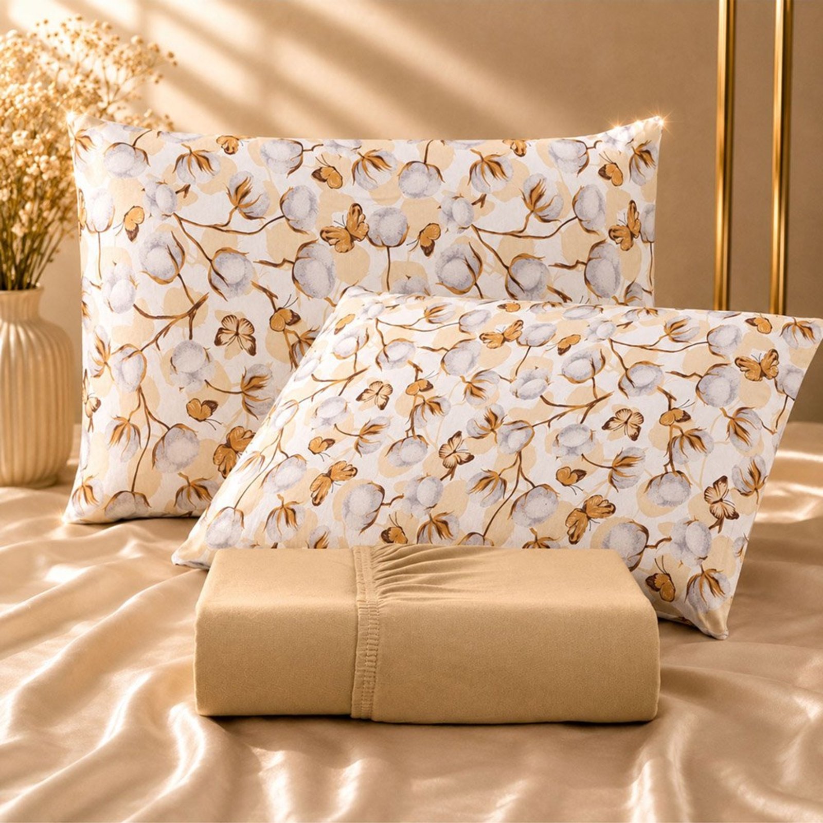 Jogo de Cama Lençol Malha Grossa Fio Penteado 100% Algodão Casal 3 Peças - Floral Rosê