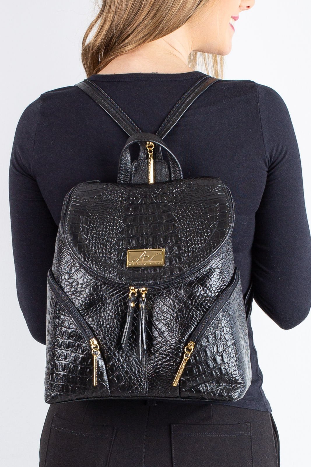 Mochila pequena de couro croco Cecília - Preto