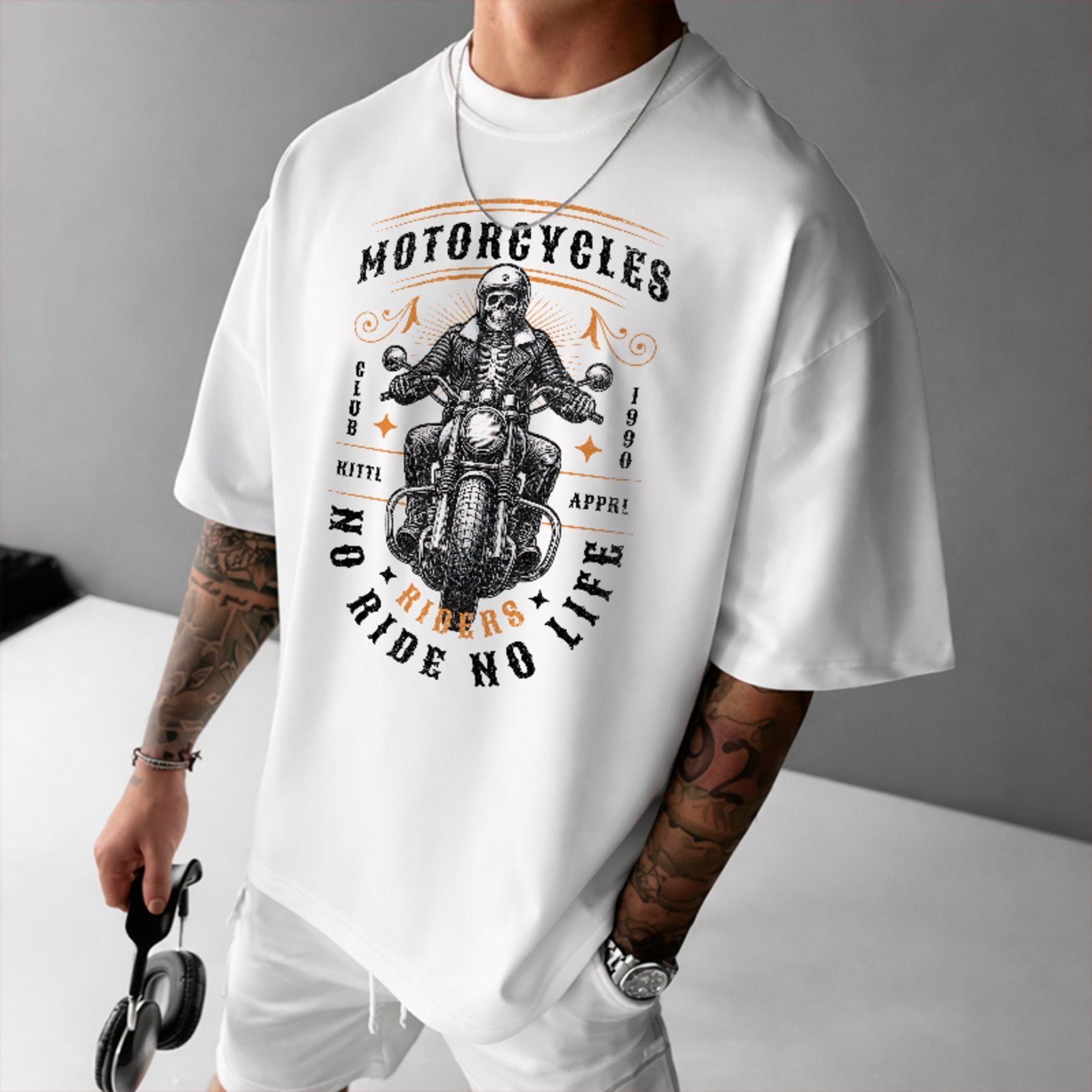 Camiseta Oversized Premium Biker Riders No Life Fashion Streetwear Unissex Branco