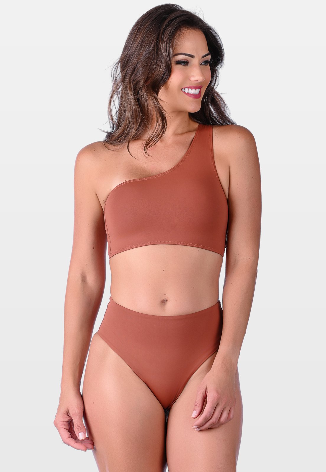 Biquíni Summer Soul Um Ombro Só Sem Bojo Fio Dental Duplo Cintura Alta Marrom
