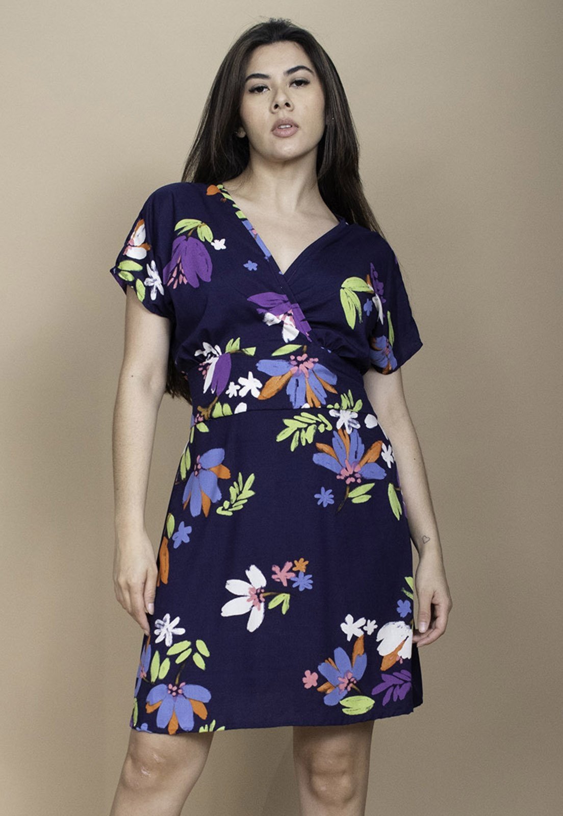 Vestido Cabanafree Curto Viscose Elastex nas Costas Estampa Festa das Flores Azul