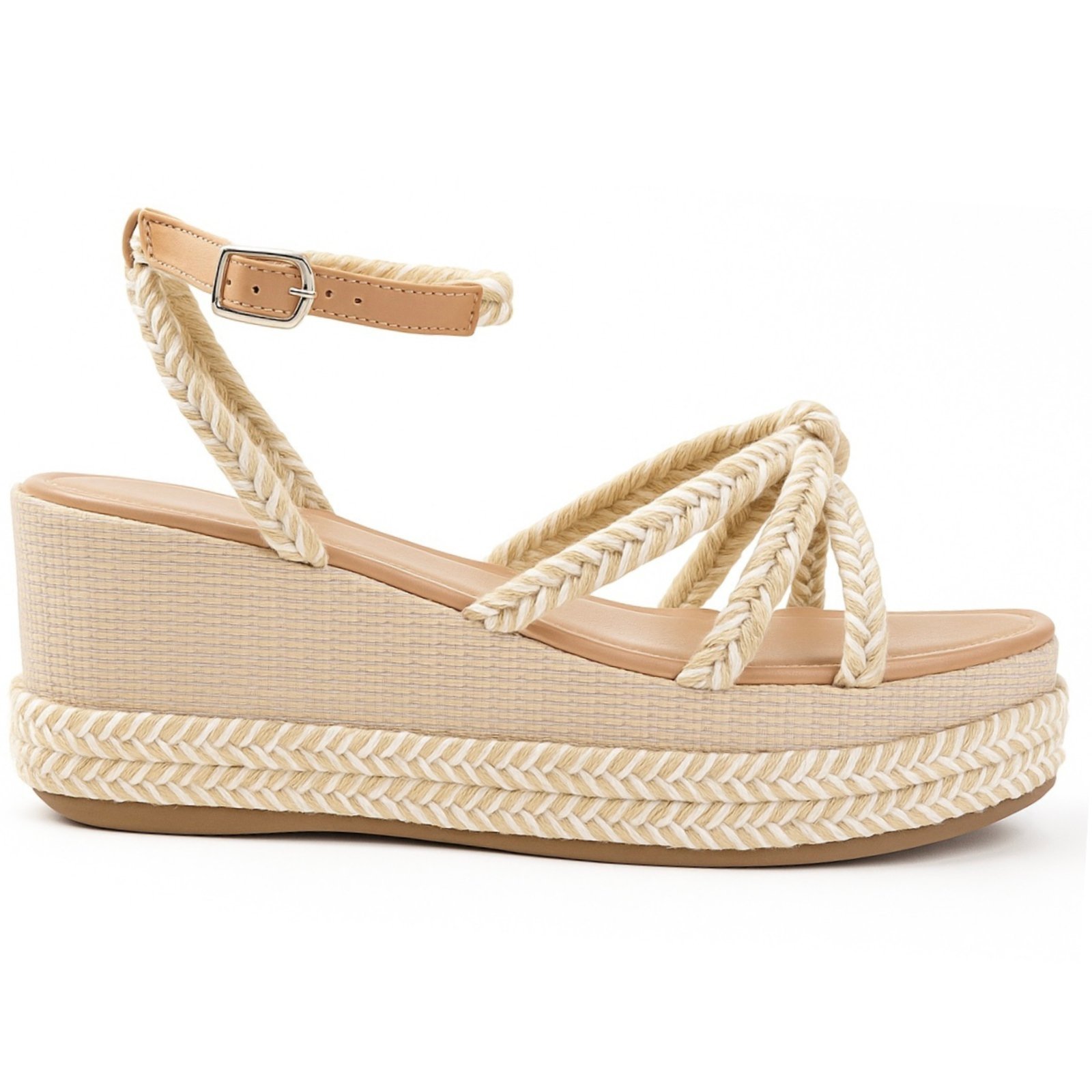 Sandália Feminina Anabela Plataforma Cordas Strass Rafia Natural 170421