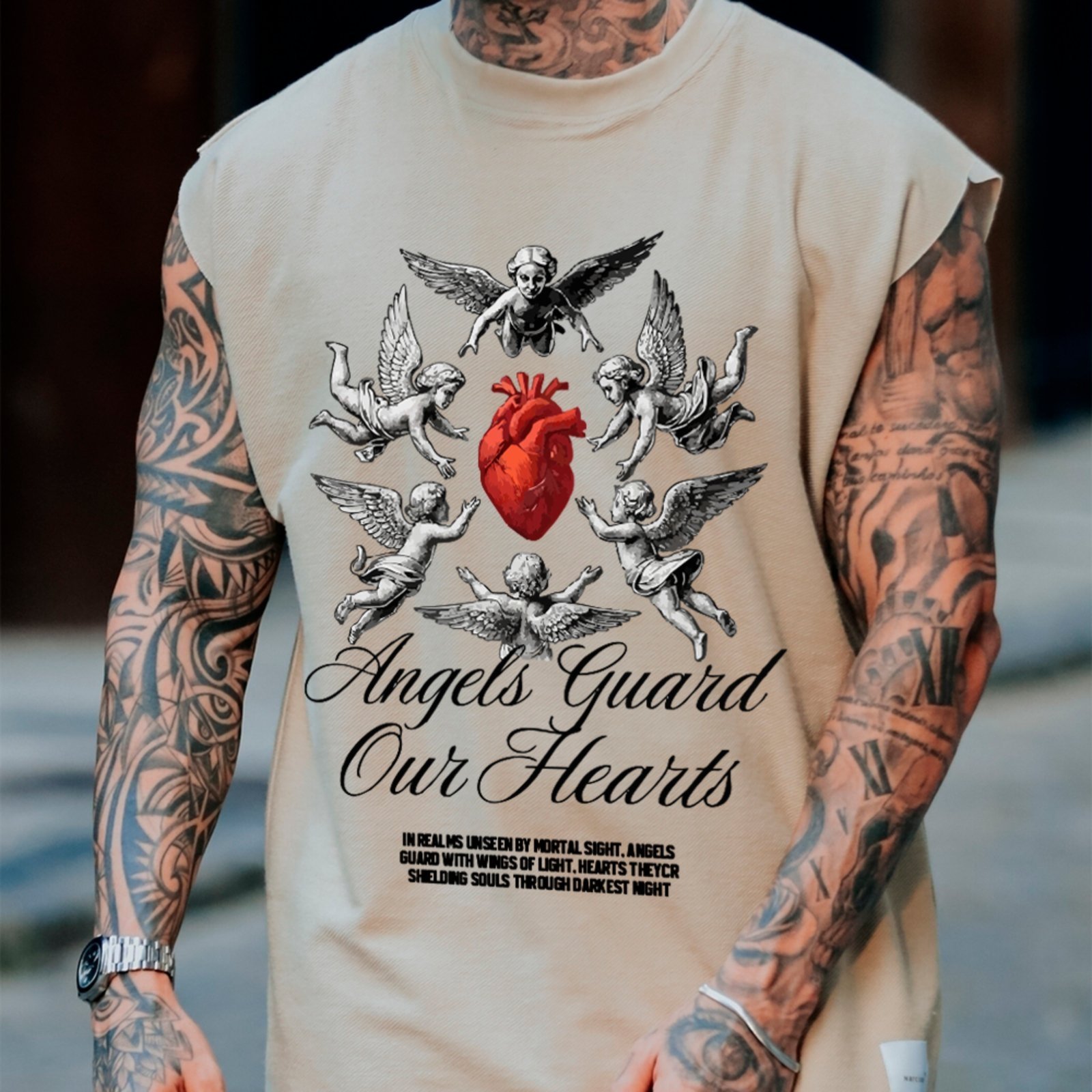 Camiseta Regata Machão Ousy Angels Guard Our Hearts Oversized Masculina Off White