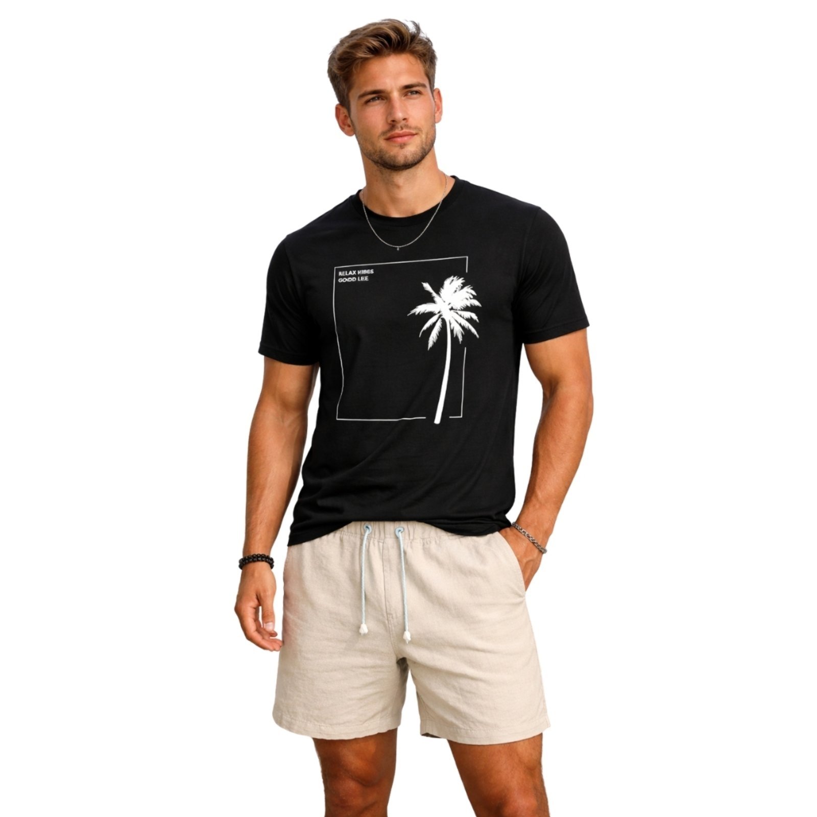 Vista 2 Conjunto Camiseta Estampada e Short Linho Premium Bermuda Masculina Moda Praia Luxo Relaxado preto Relaxado preto