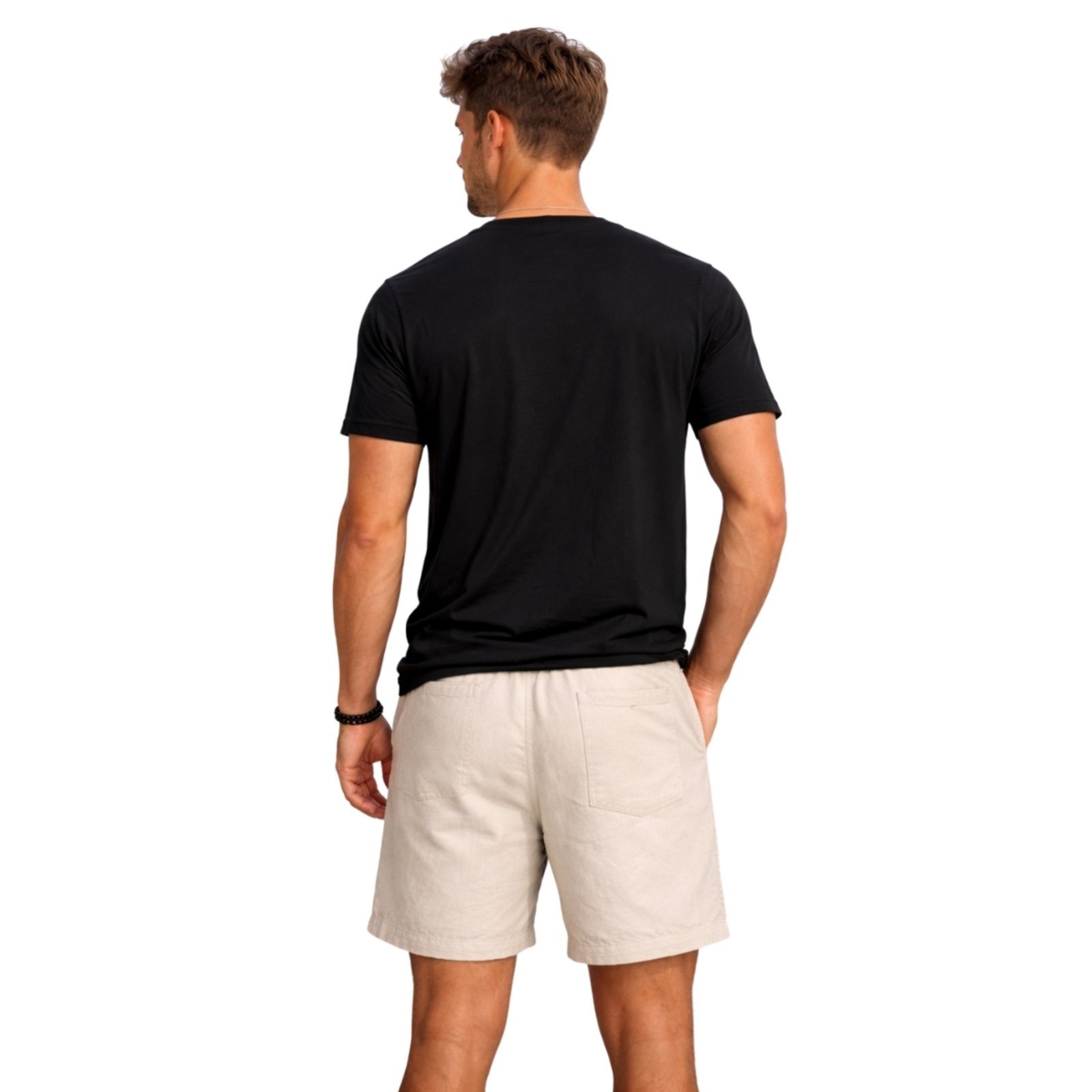 Vista 3 Conjunto Camiseta Estampada e Short Linho Premium Bermuda Masculina Moda Praia Luxo Relaxado preto Relaxado preto