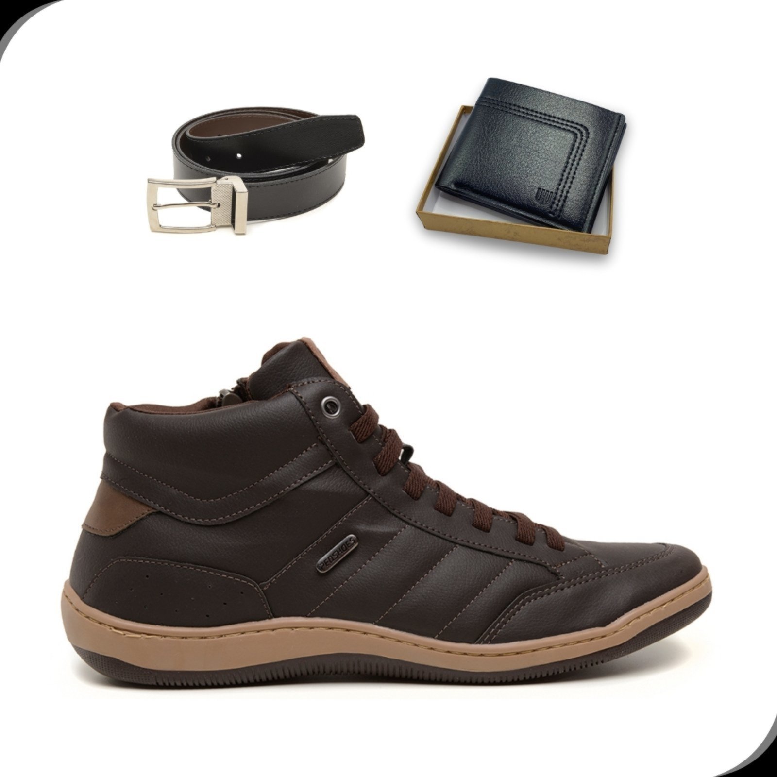 Kit Sapatenis Casual Cano Alto Masculino Ziper Lateral Pratico Rovetto Com Cinto Dupla Face e Carteira