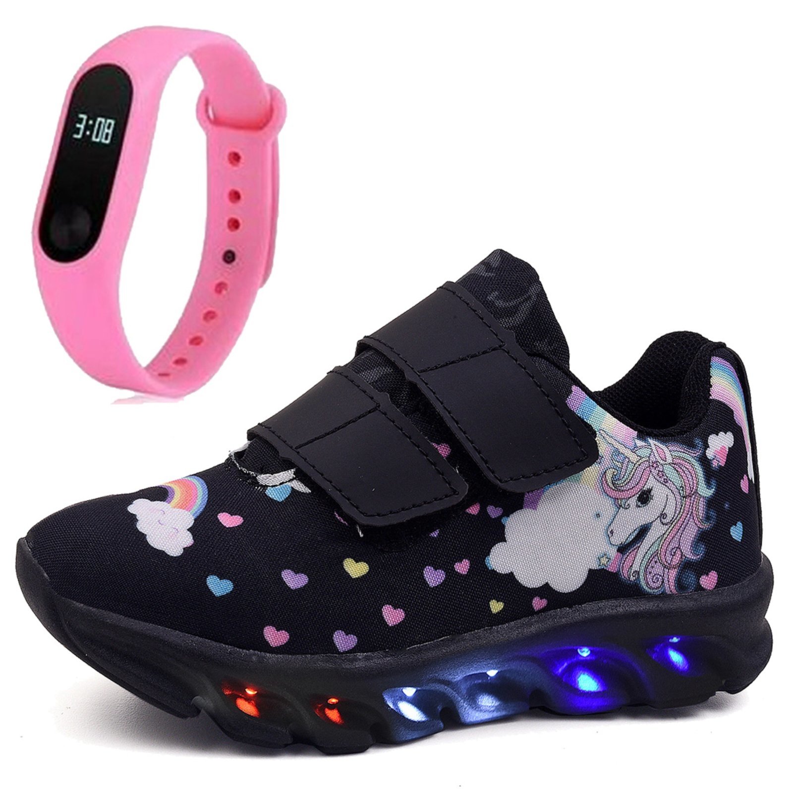 Infantil – Kit Tênis De Led Unicornio Preto Calce Facil Personagem Meninas Relógio