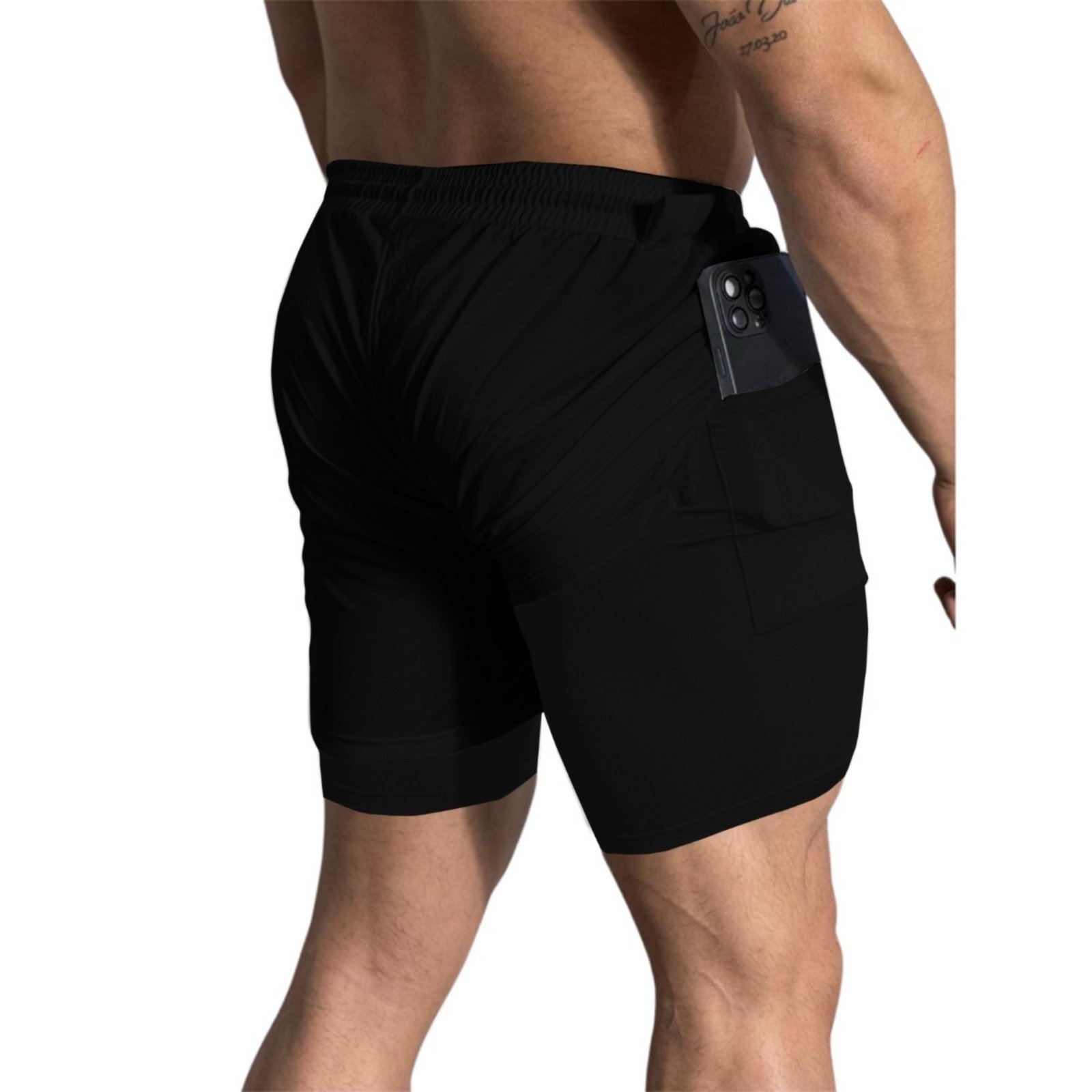 Vista 3 Short Treino Dry Térmico 2 em 1 com Bolso para Celular e Porta-Toalha Calção Fitness Academia Relaxado preto Relaxado preto