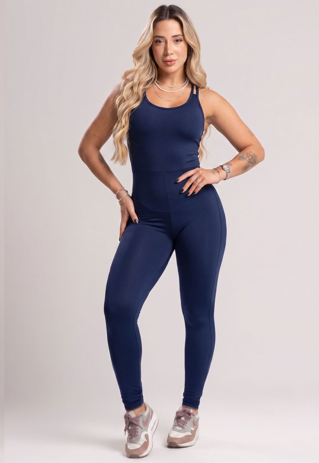 Macacão Longo MVB Modas Costa Nua Cruzado Blackout Qualidade Zero Transparencia Fitness Azul